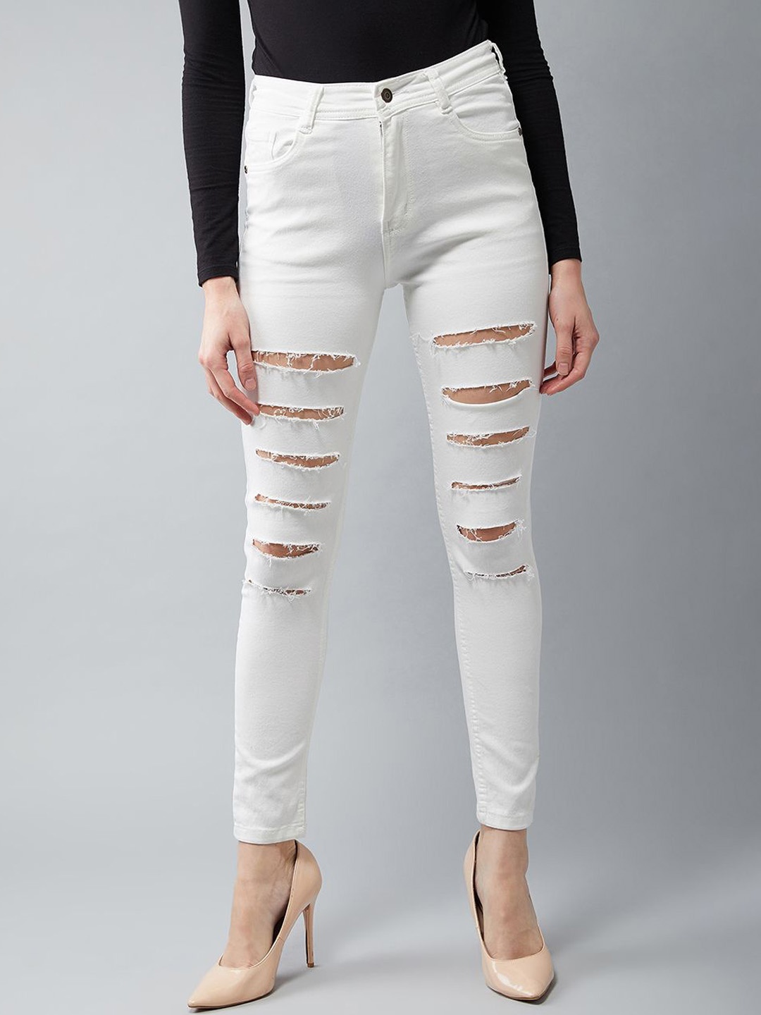 

DOLCE CRUDO Skinny High Rise Ripped Regular length Stretchable Denim Jeans, White
