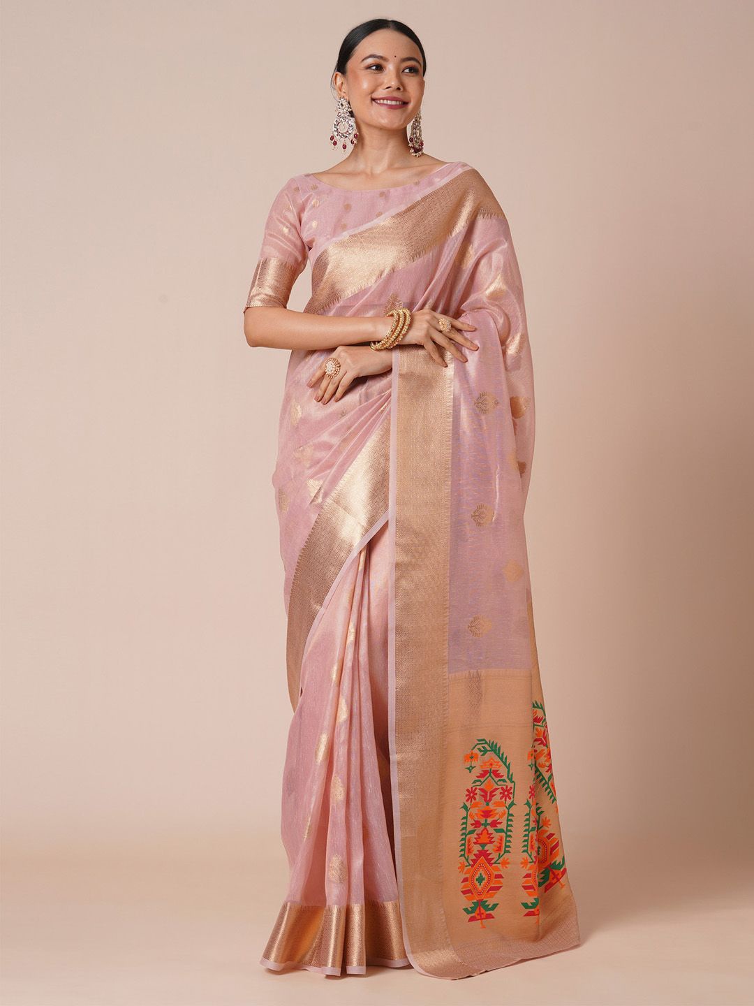 

Anouk Ethnic Motifs Zari Tissue Banarasi Saree, Pink