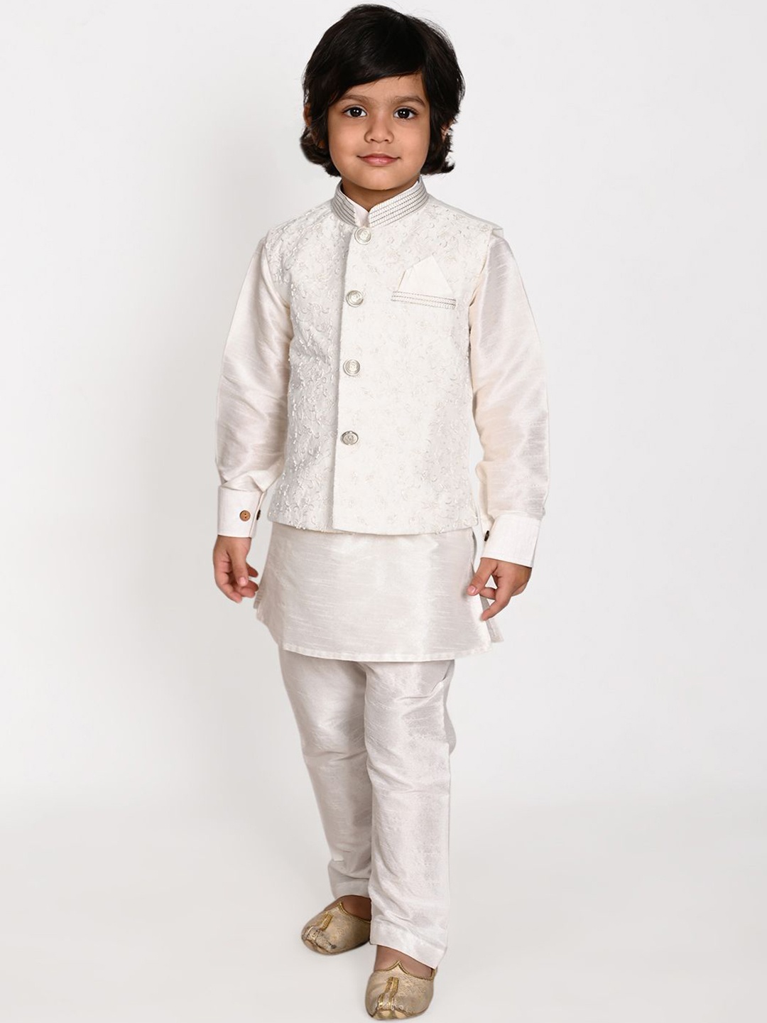 

Pehanaava Boys Mandarin Collar Kurta with Pyjamas & Waistcoat, White