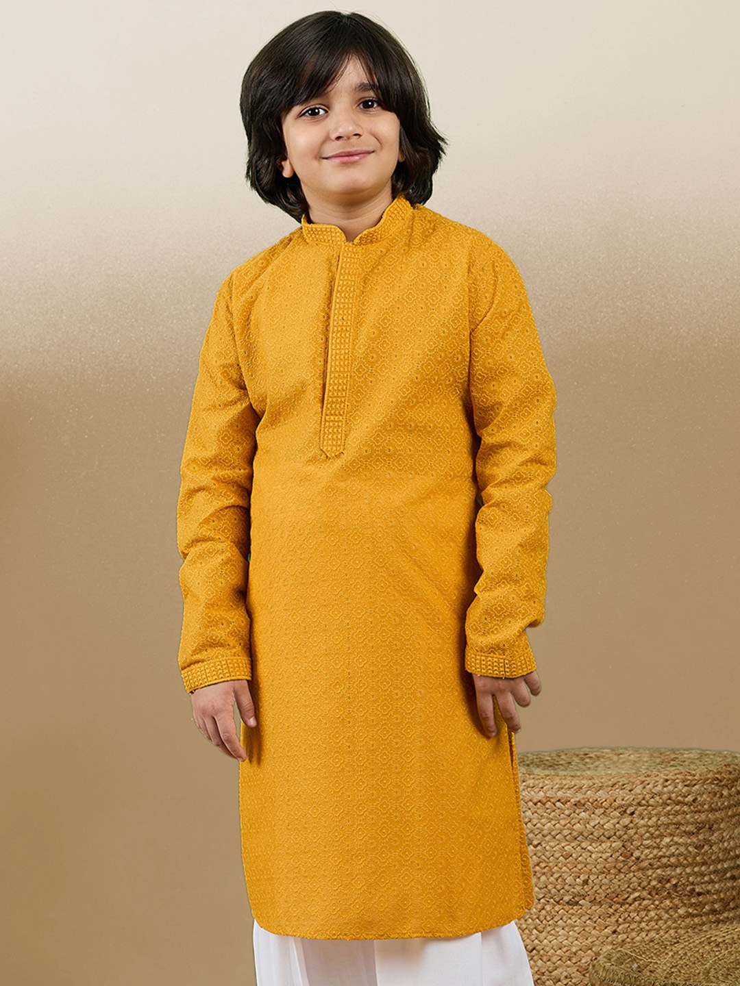 

Here&Now X Sanwara Boys Floral Woven Design Chikankari Regular Cotton Kurta, Mustard