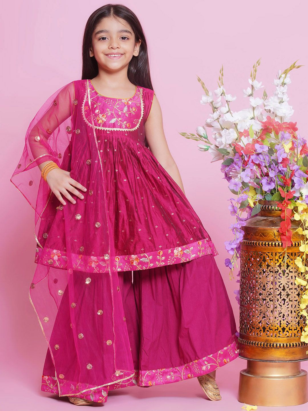 

Little Bansi Girls Embroidered Thread Work Pure Silk Kurta with Sharara & Dupatta, Pink