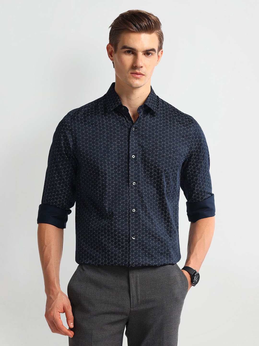 

Arrow Men Slim Fit Opaque Printed Formal Shirt, Blue
