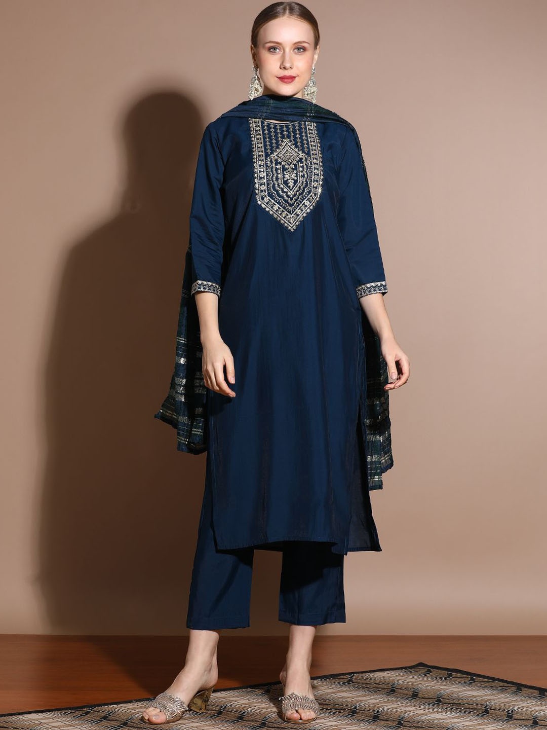 

Jaipur Kurti Festive Embroidered Kurta Set with Embellished Dupatta, Navy blue