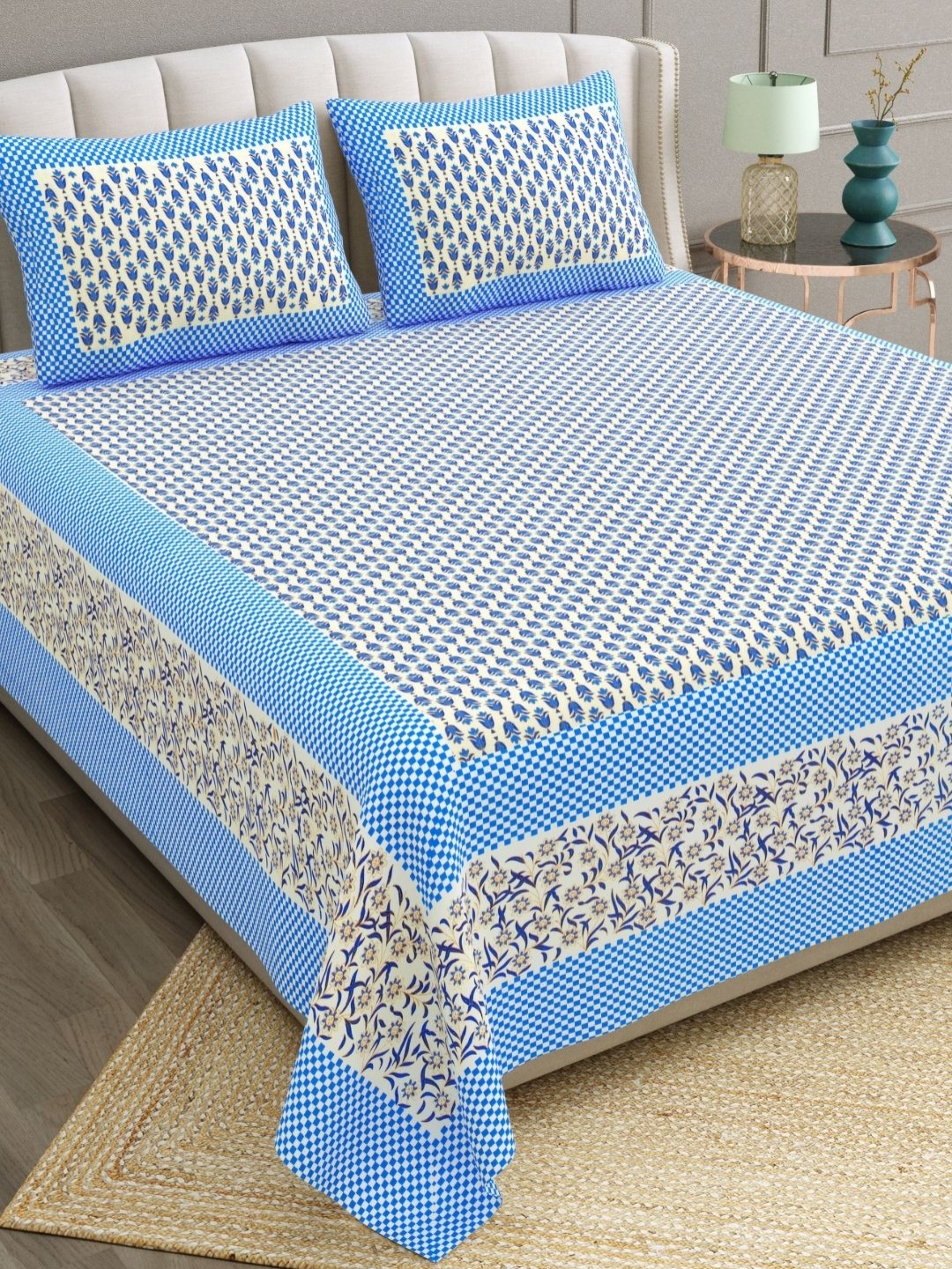 

The Craft Monk Blue & Gold-Toned Printed Cotton 240 TC King Bedsheet with 2 Pillow Covers