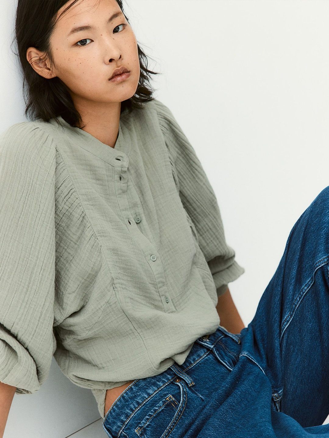 

H&M Batwing-Sleeved Muslin Pure Cotton Tops, Green