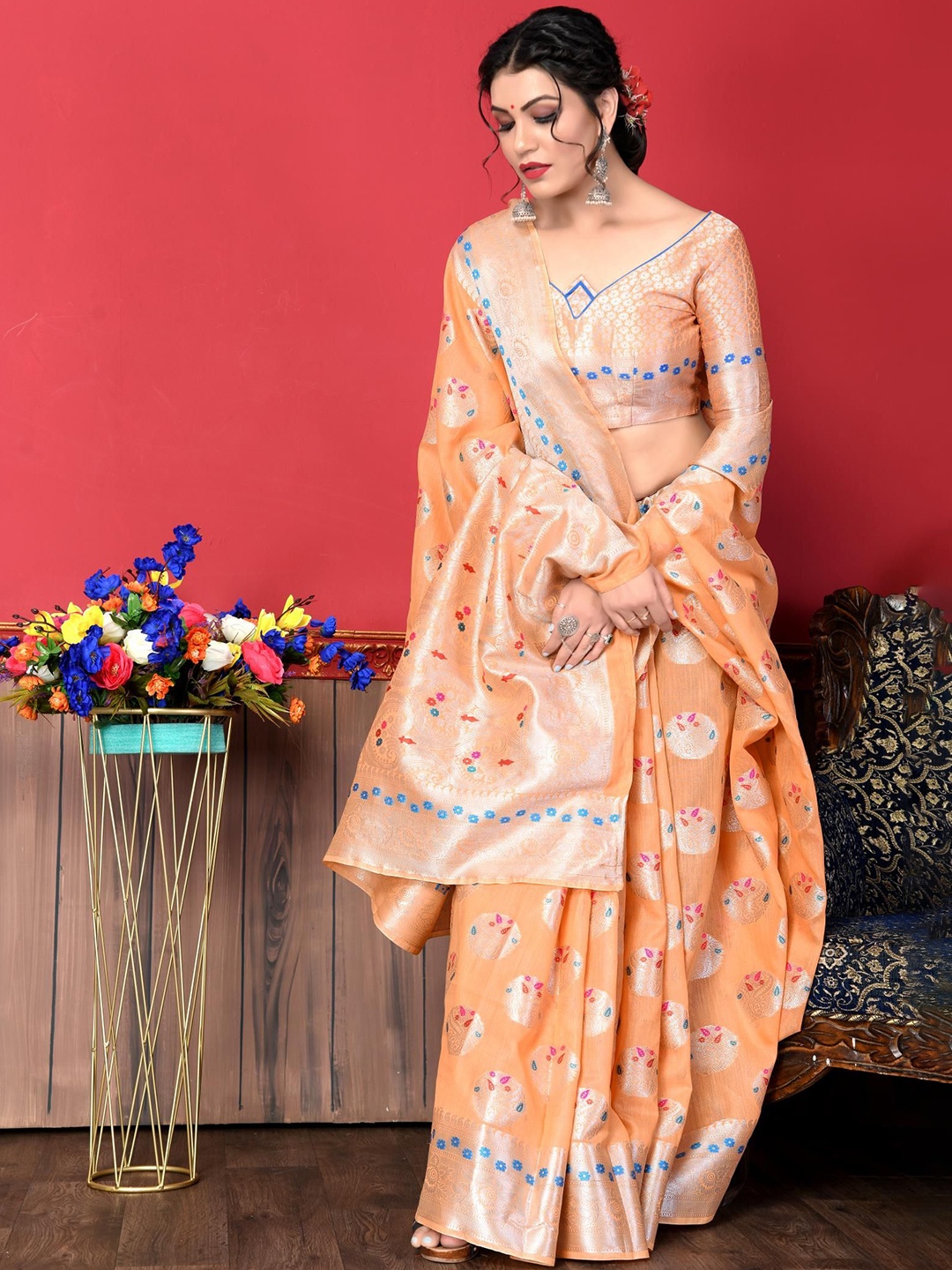 

Areca Designer Ethnic Motifs Zari Linen Blend Banarasi Saree, Orange