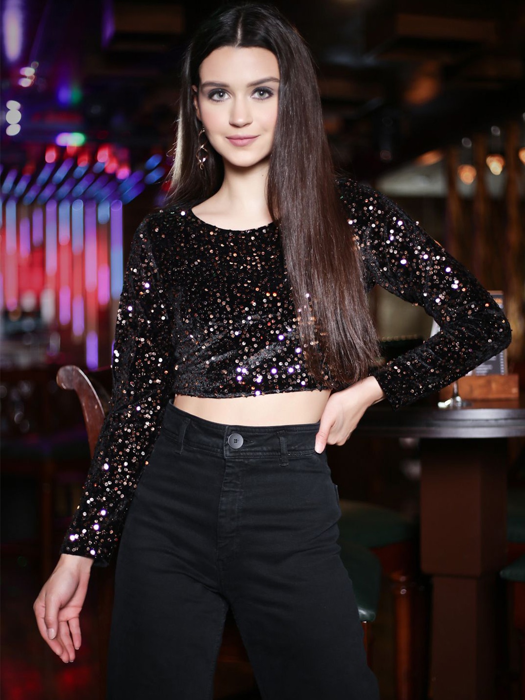 

StyleCast X SERA Embellished Velvet Crop Top, Black