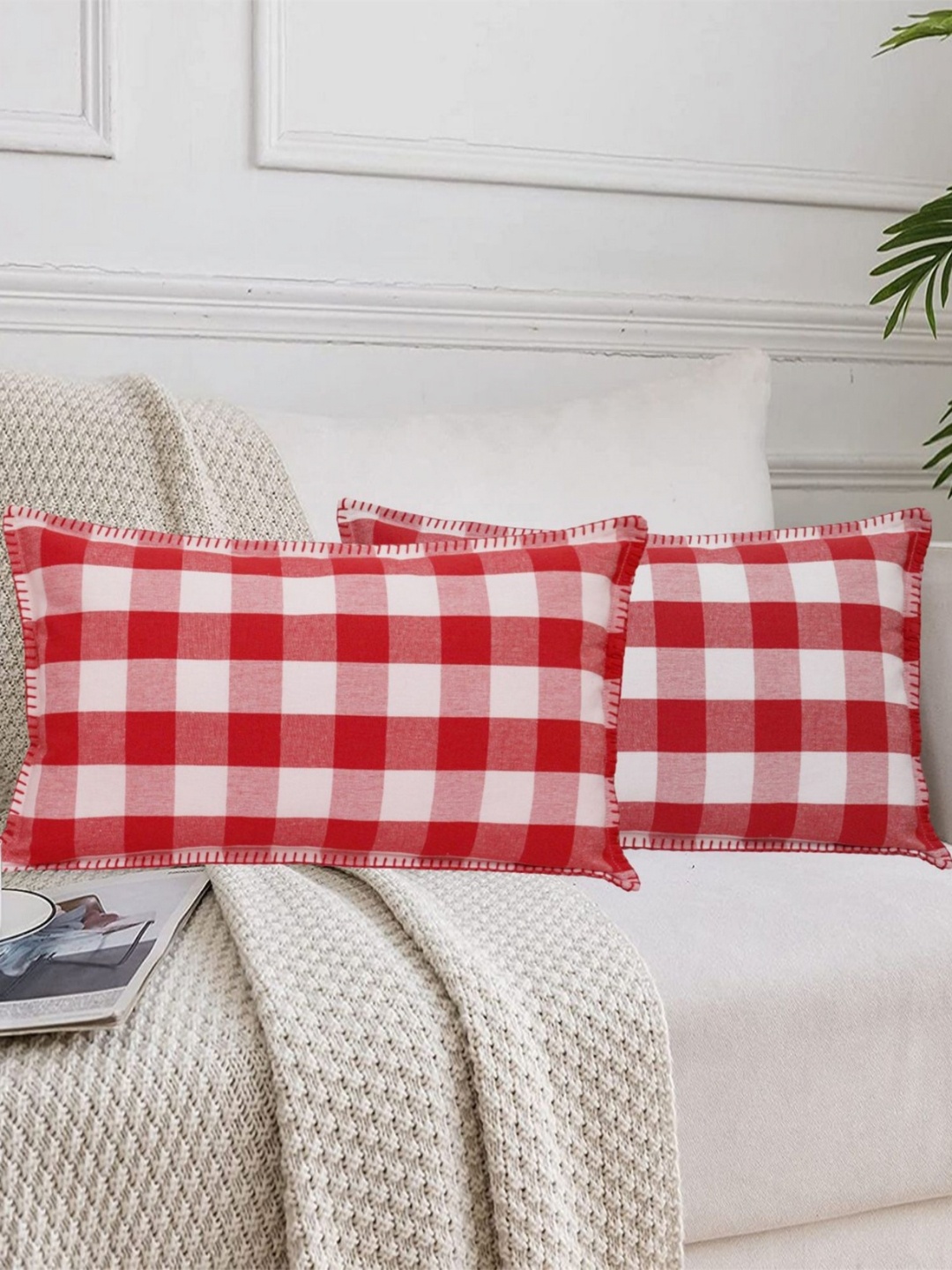 

Lushomes Red & White 2 Pieces Checked Cotton Rectangle Cushion Covers