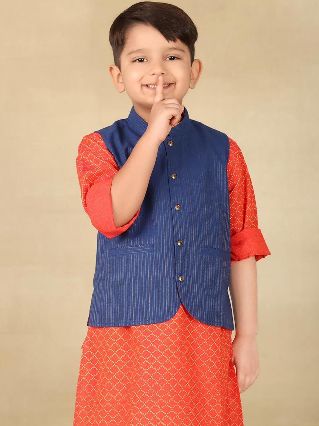 

Fabindia Boys Striped Mandarin Collar Nehru Jacket, Blue