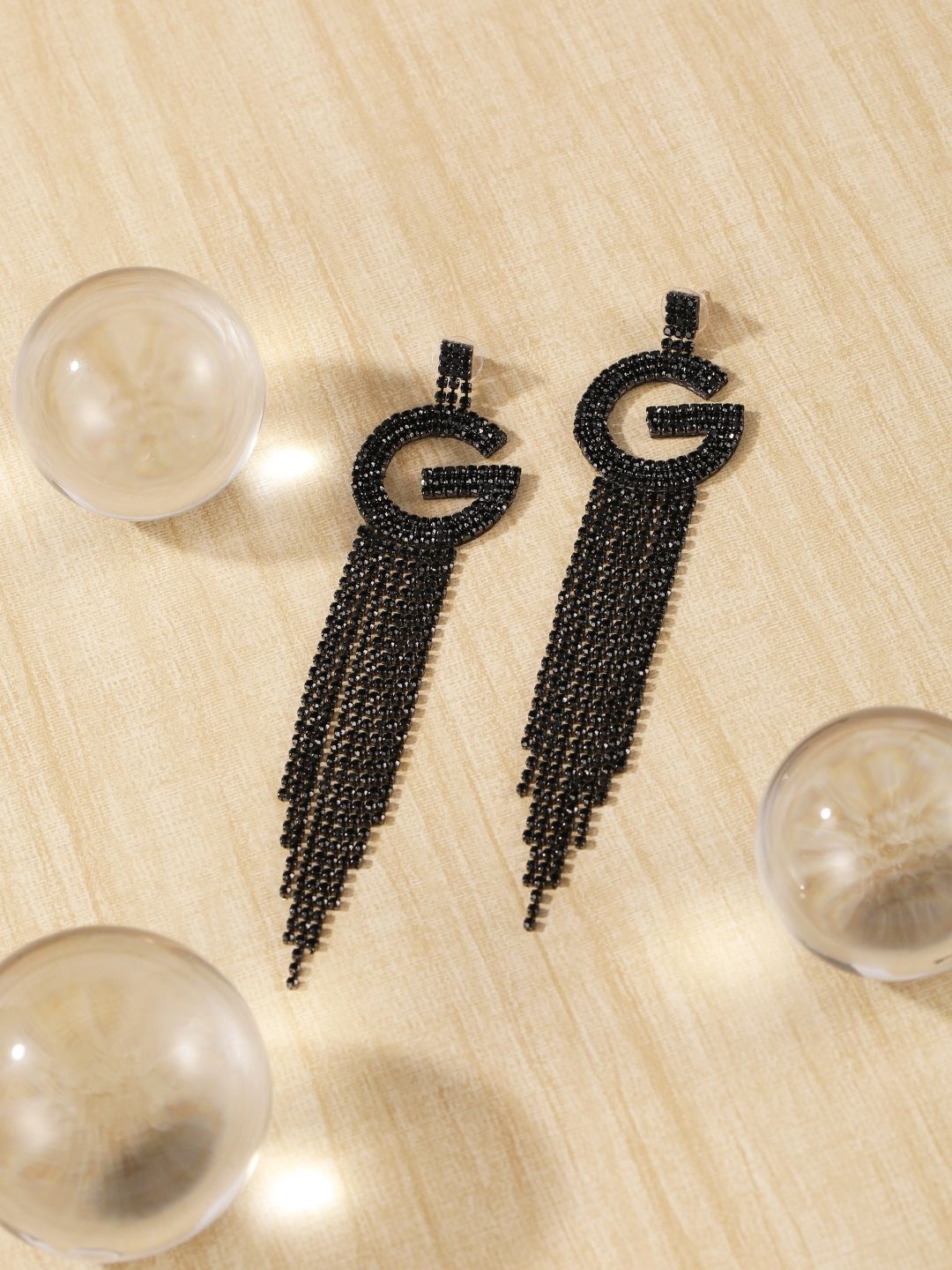 

KPOP Brass Plated Rhinestone Contemporary Drop Earrings, Black