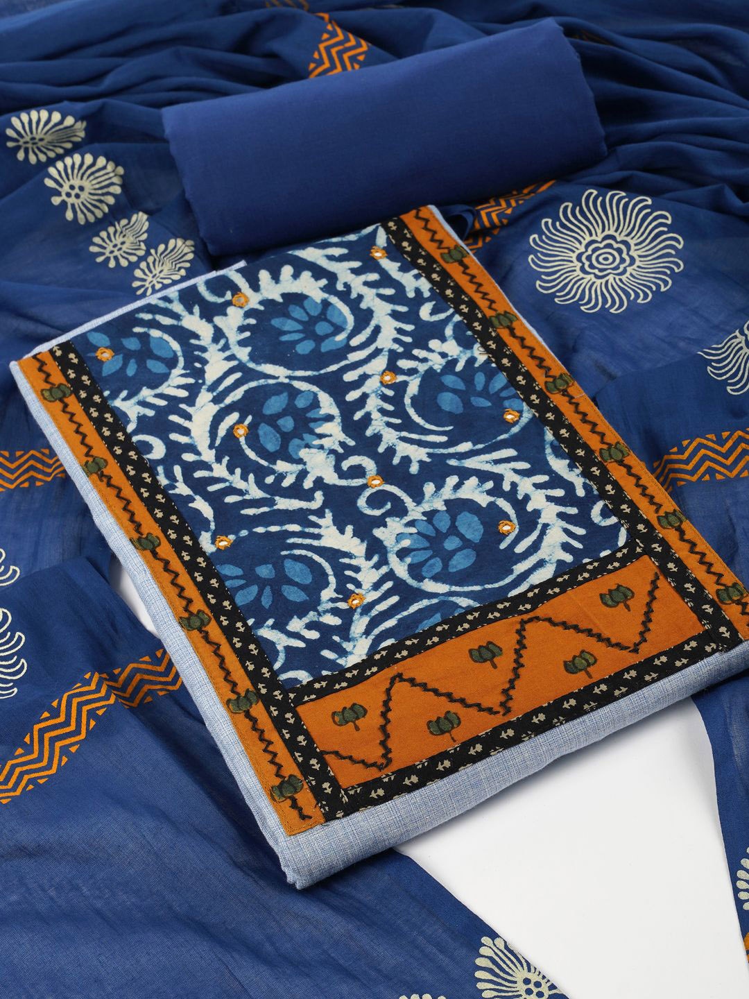 

KAMI KUBI Floral Printed Mirror Work Pure Cotton Unstitched Dress Material, Blue