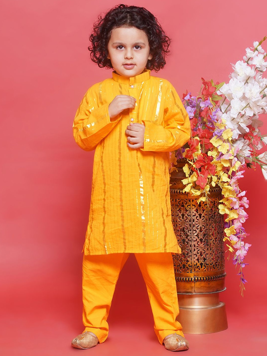 

Little Bansi Boys Striped Straight Pure Cotton Kurta with Pyjamas, Yellow