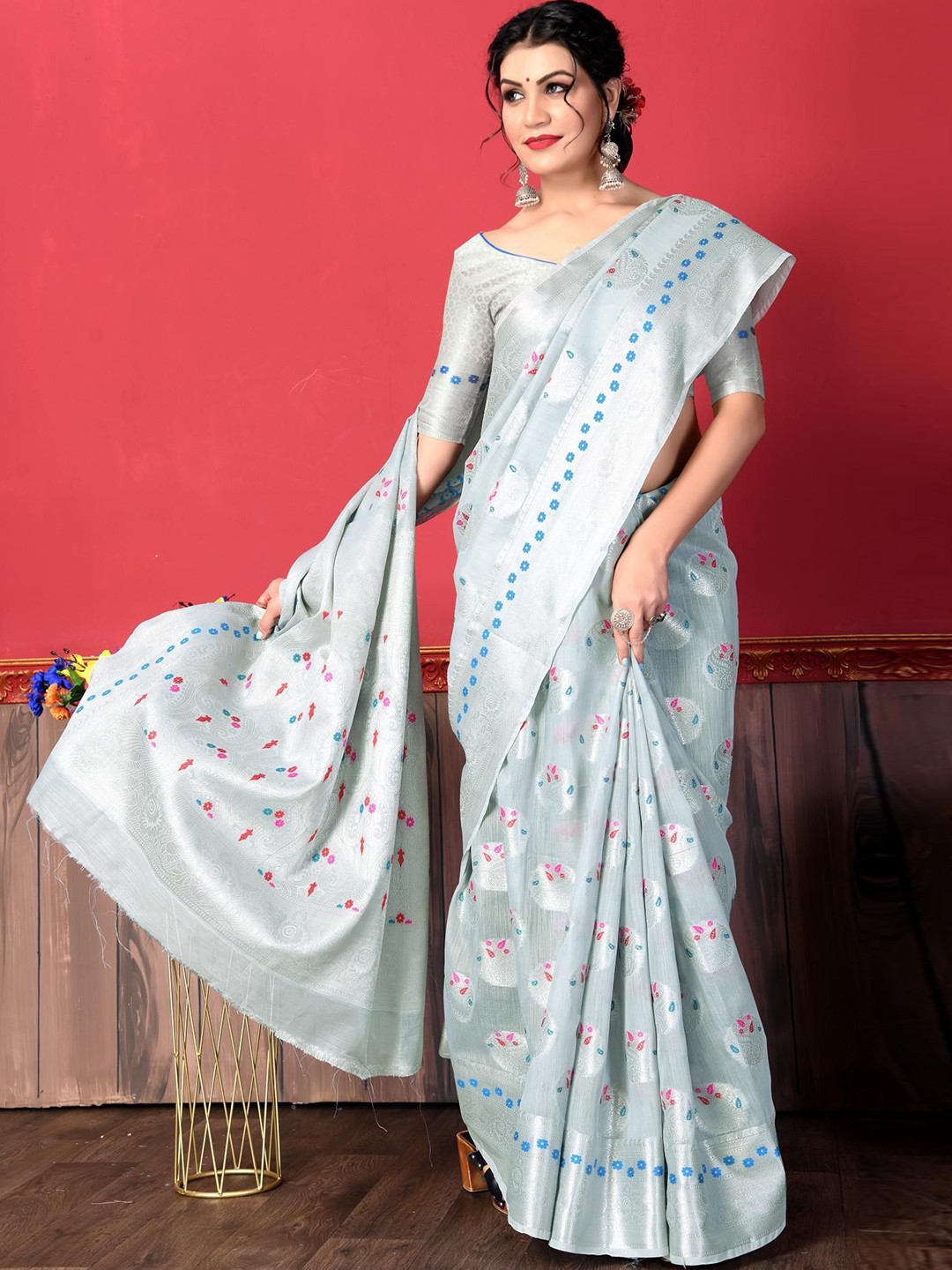 

Areca Designer Ethnic Motifs Zari Linen Blend Banarasi Saree, Grey