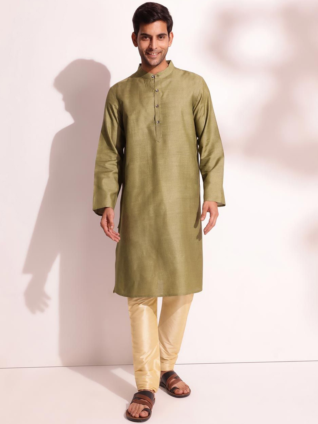 

Fabindia Band Collar Neck Long Sleeves Regular Straight Kurta, Green