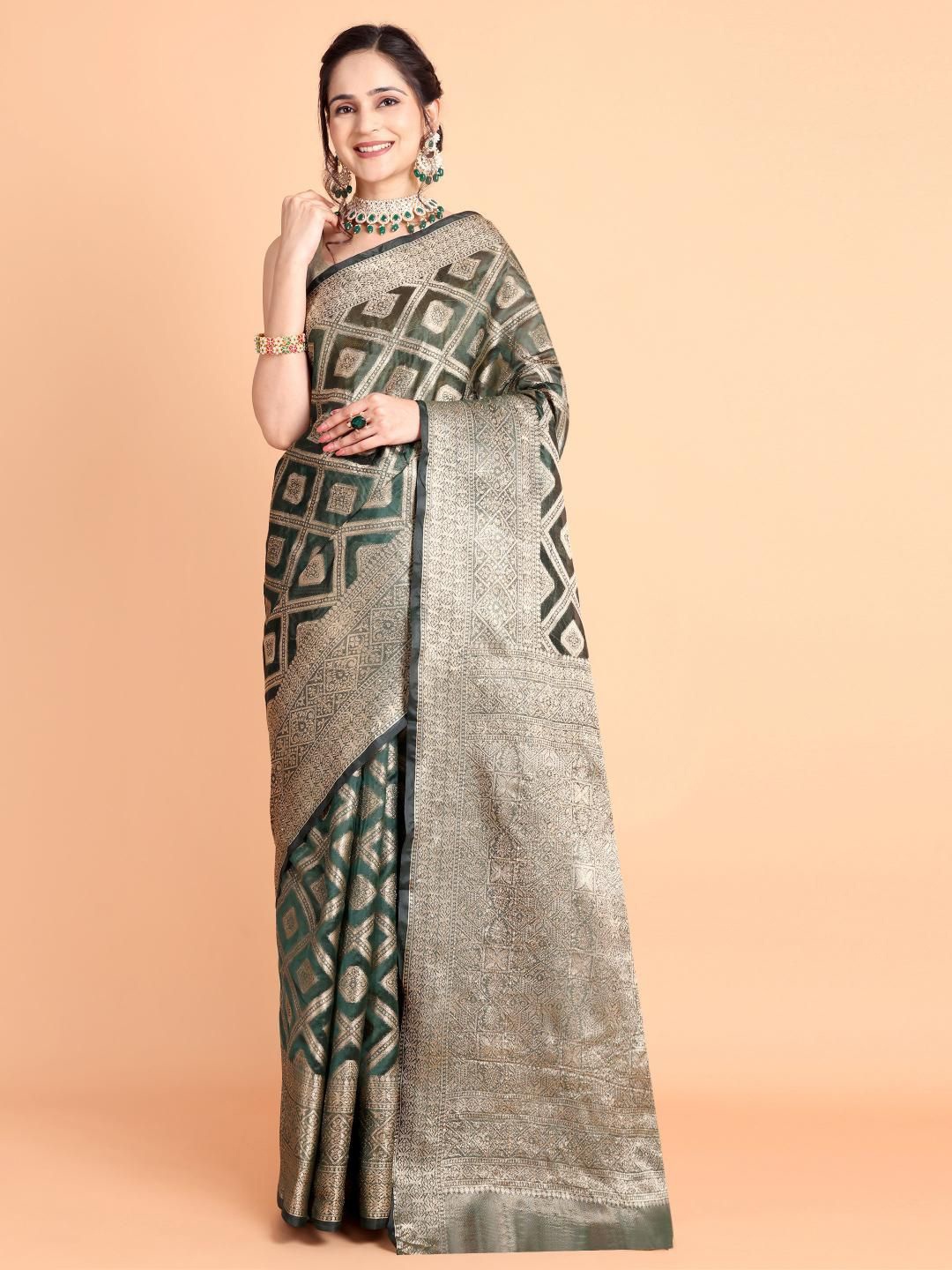 

Areca Designer Ethnic Motifs Zari Organza Banarasi Saree, Green
