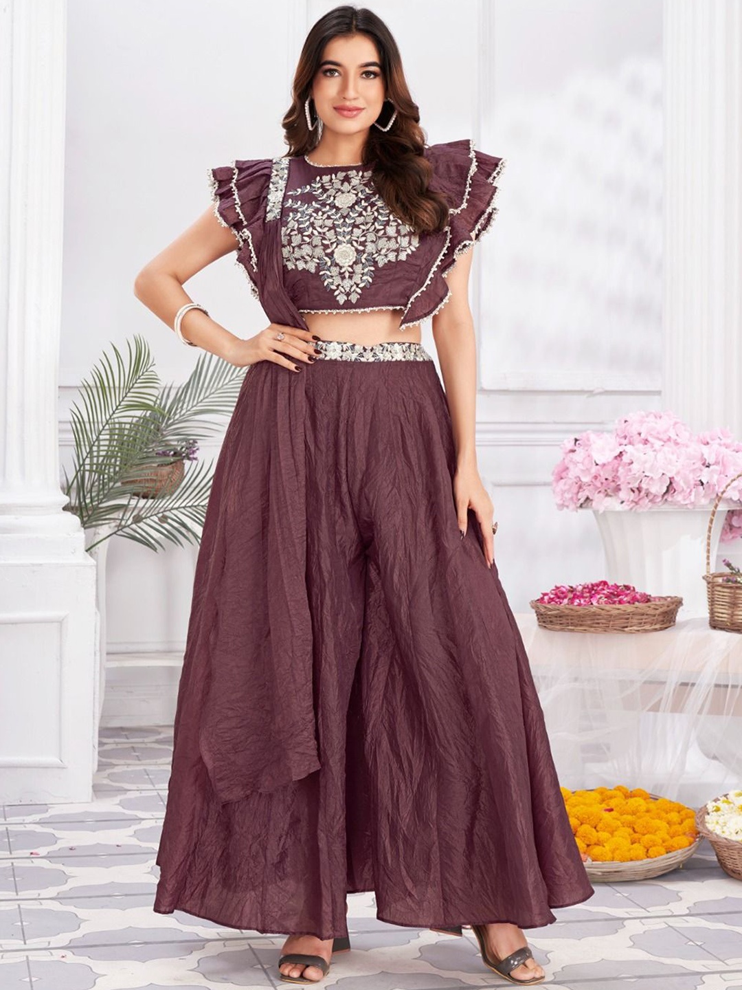 

JIVORA Embroidered Top Dupatta With Palazzos, Burgundy