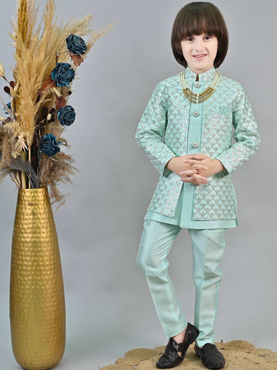 

ahhaaaa Boys Sequin Printed Sherwani Set With Maala, Turquoise blue