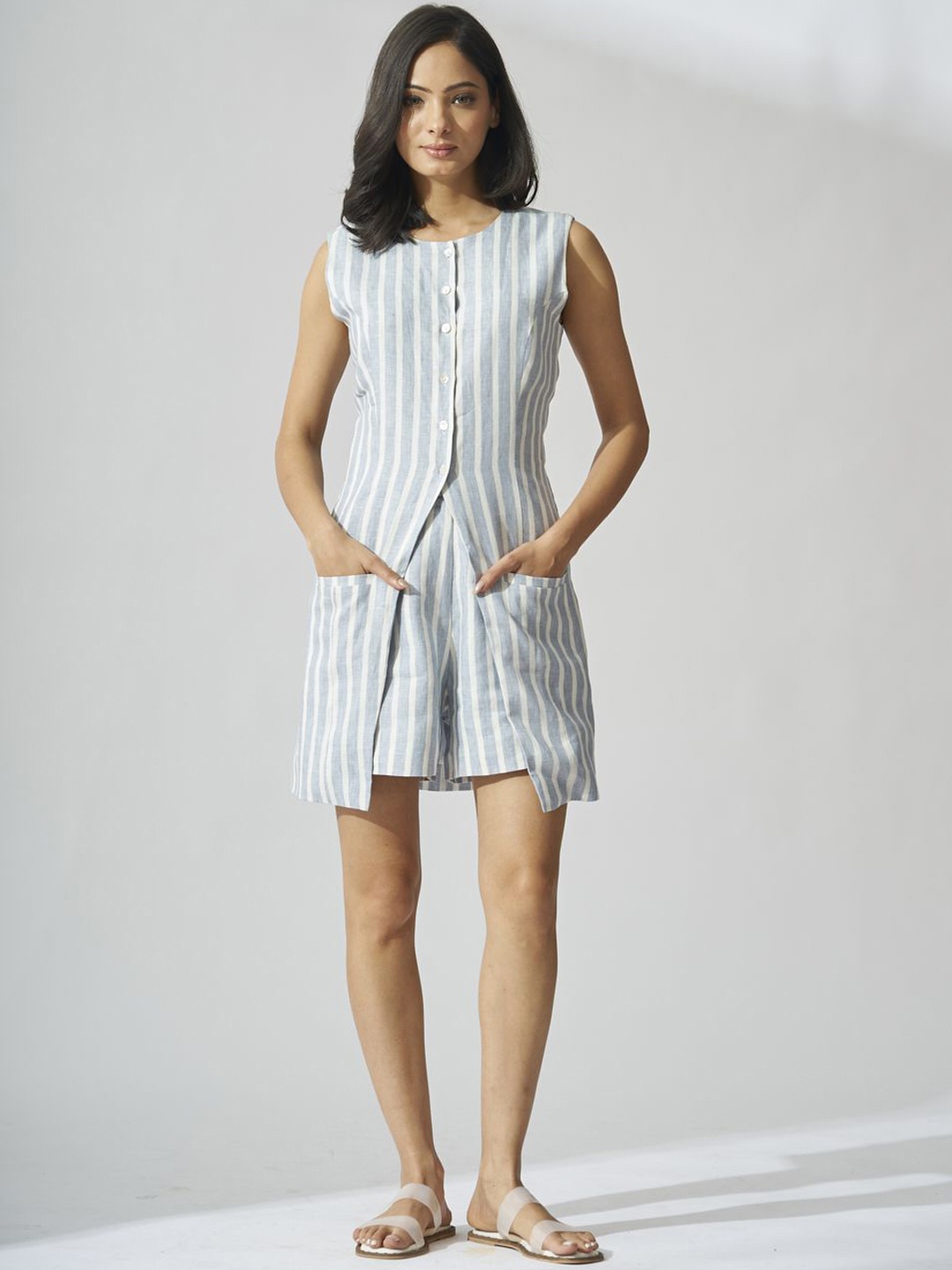 

Risate Stripes Linen Top & Shorts, Blue