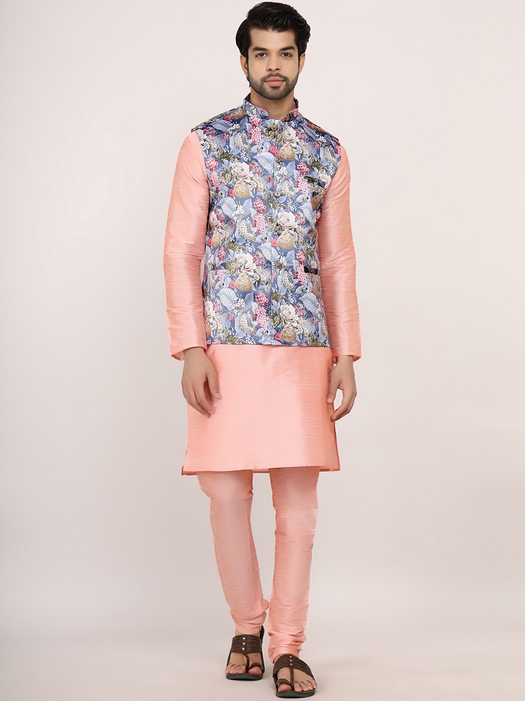 

Sadree Dupion Silk Straight Kurta With Churidar And Printed Nehru jacket, Pink