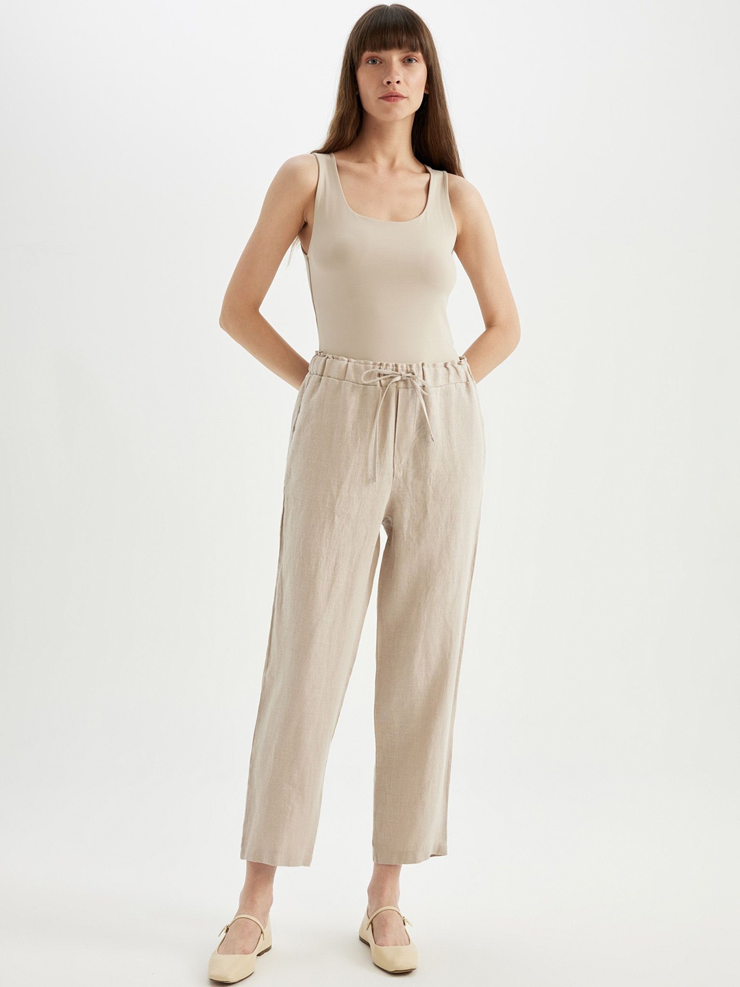 

DeFacto Women Mid-Rise Solid Regular Trousers, Beige