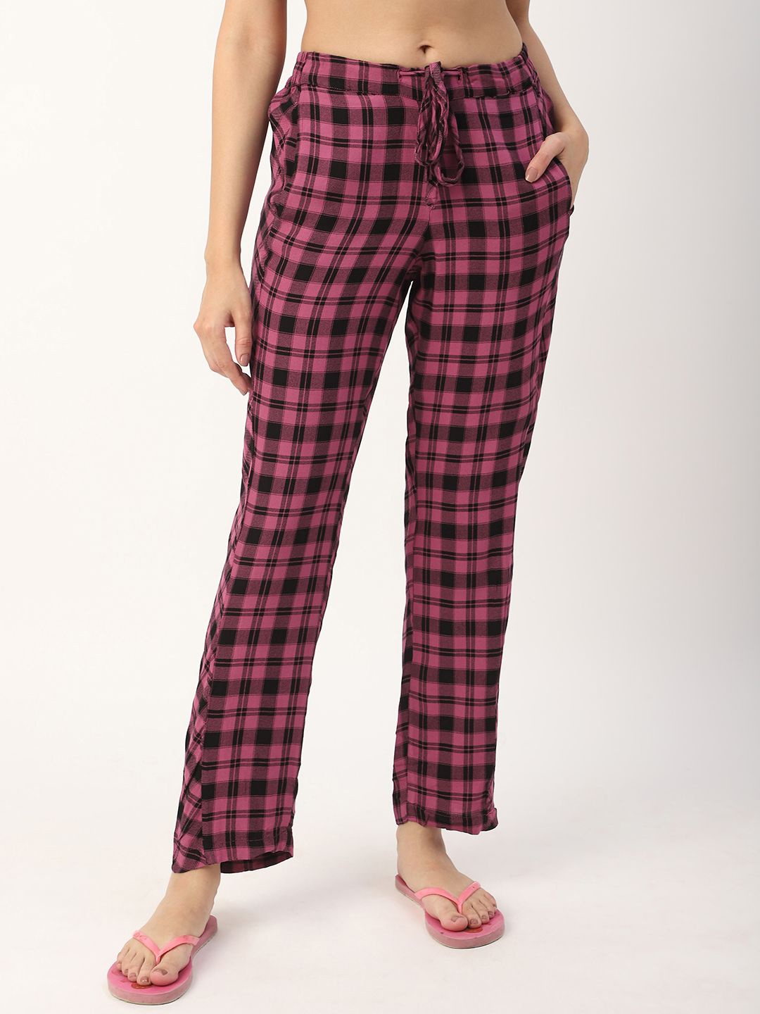 

Mystere Paris Women Checked Mid- Rise Lounge Pants, Pink