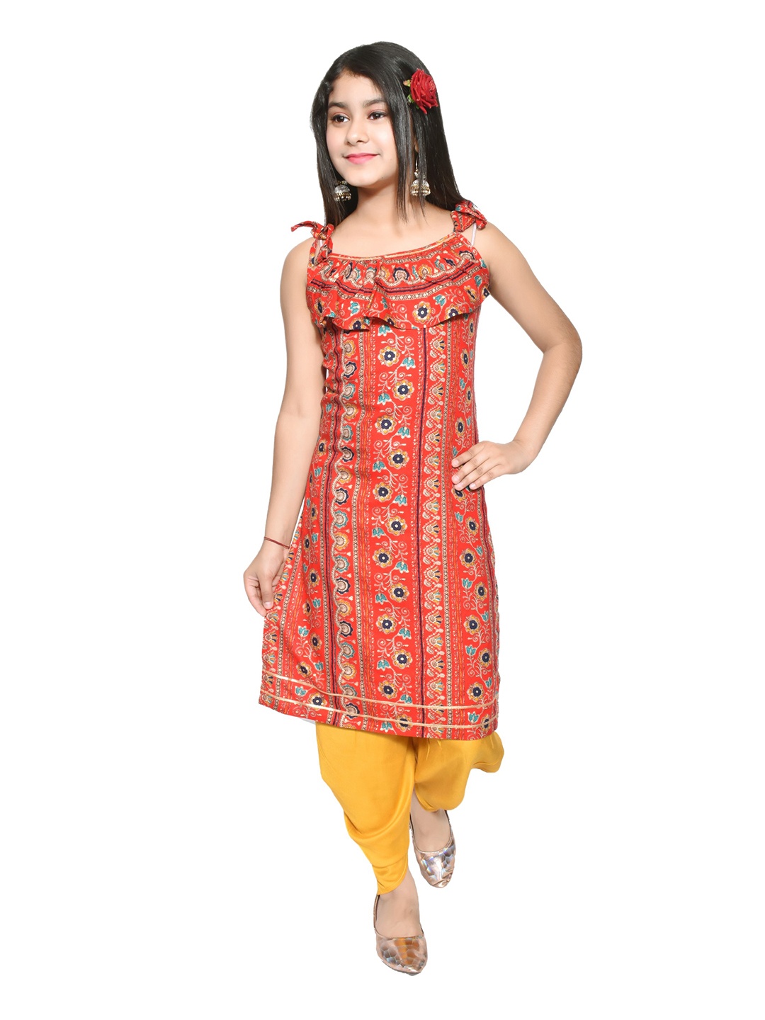 

Arshia Fashions Girls Floral Printed Regular Straight Kurta with Dhoti Pants, Red