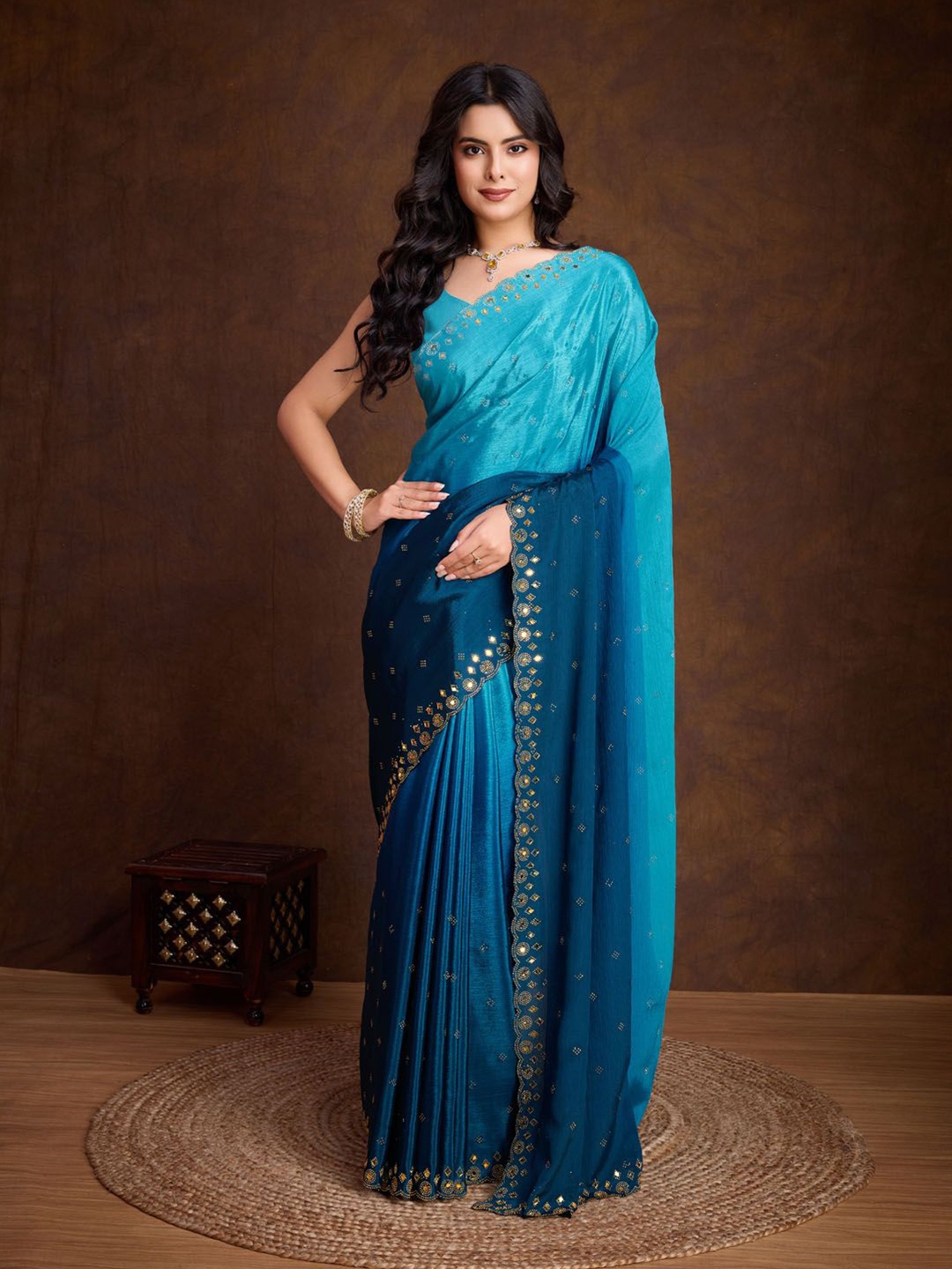 

Meena Bazaar Embellished Beads and Stones Saree, Blue