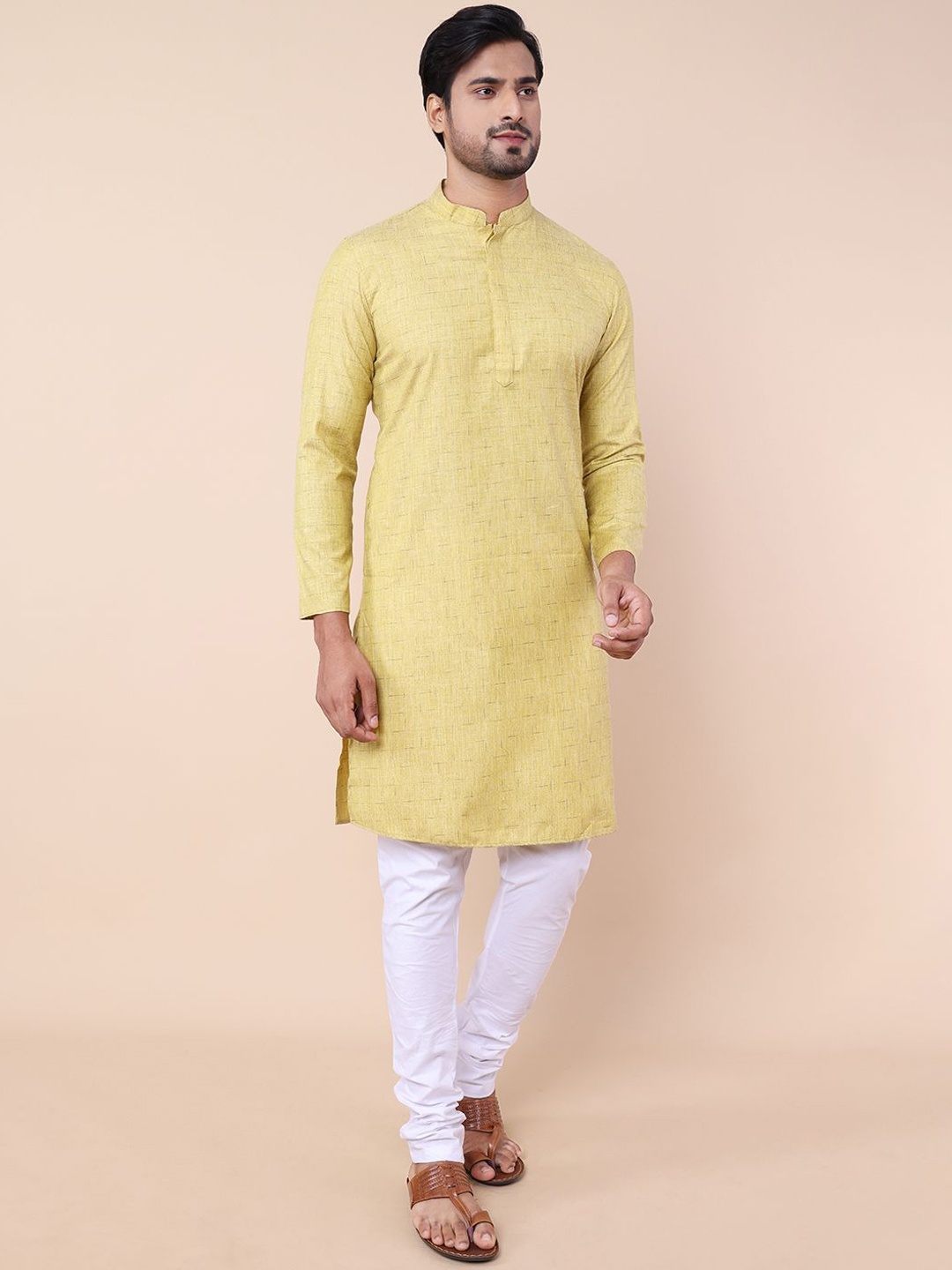 

NAMASKAR Woven Design Mandarin Collar Pure Cotton Kurta With Churidar, Lime green