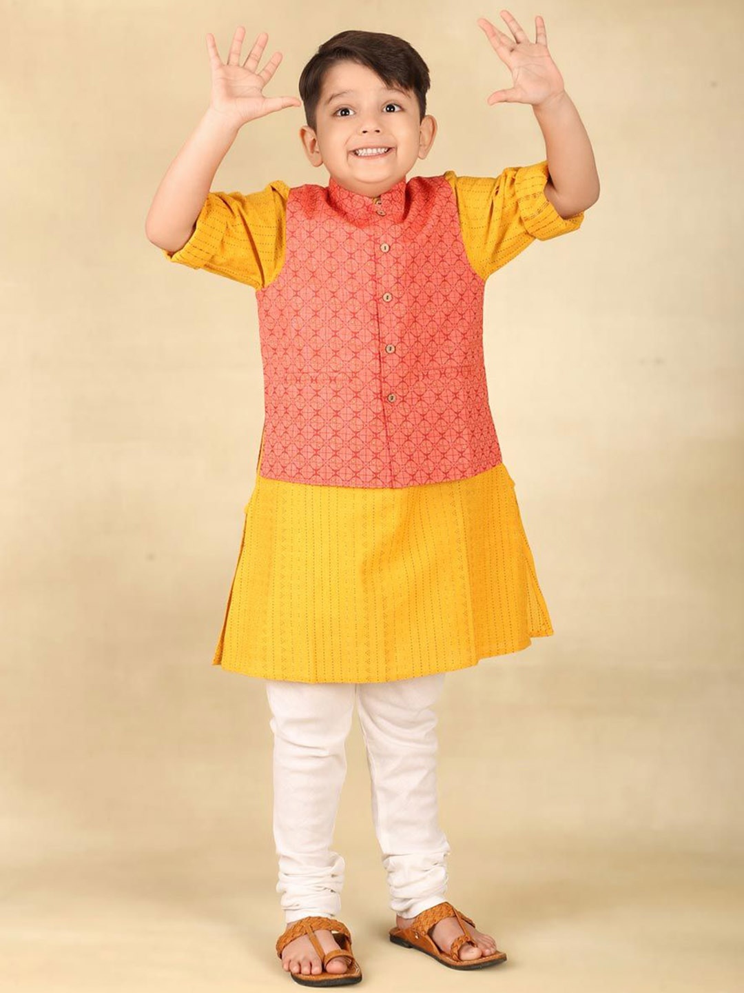 

Fabindia Boys Striped Band Collar Long Sleeves Kurta With Churidar With Nehru Jacket, Yellow