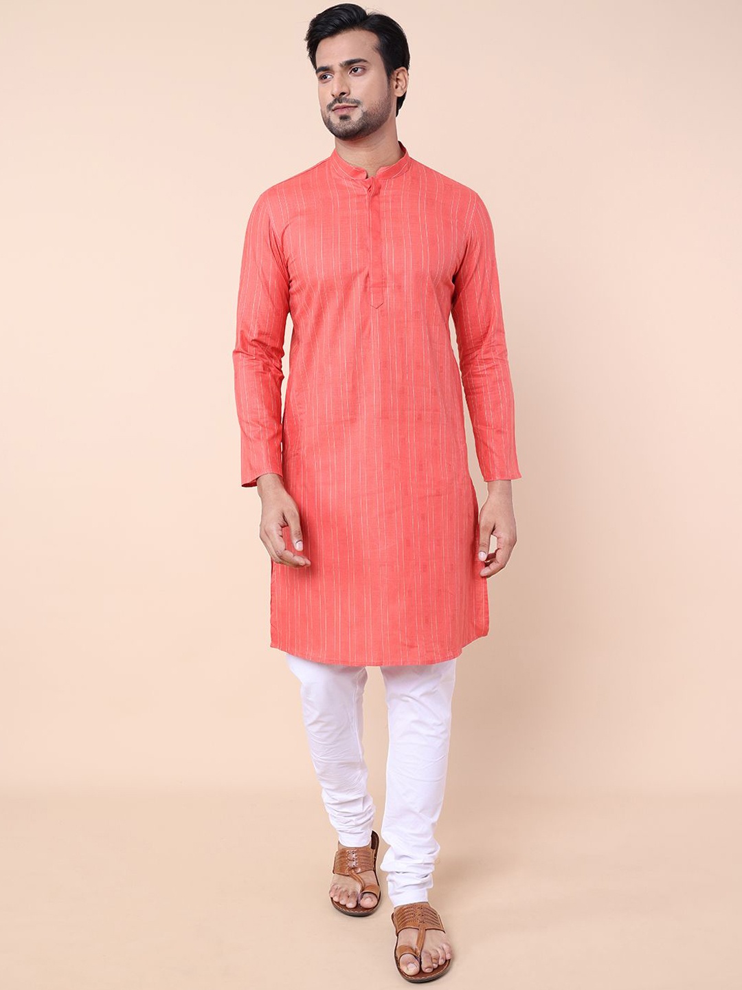 

NAMASKAR Striped Mandarin Collar Pure Cotton Straight Kurta with Churidar, Red