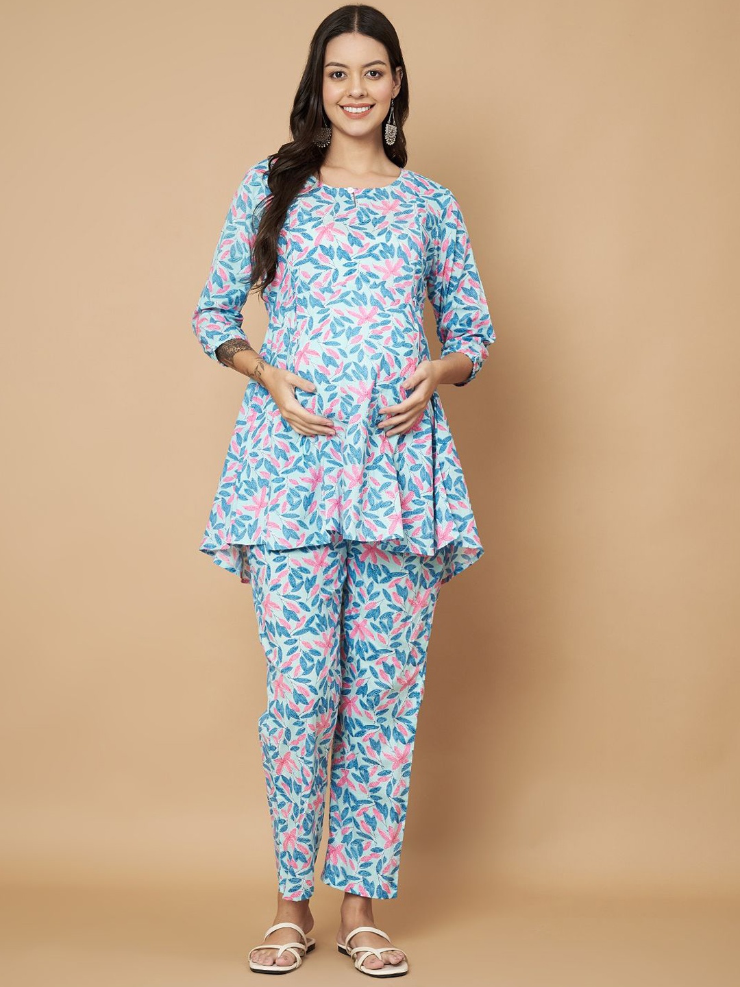 

KALINI Floral Printed Keyhole Neck Pure Cotton Maternity Top With Trousers, Blue