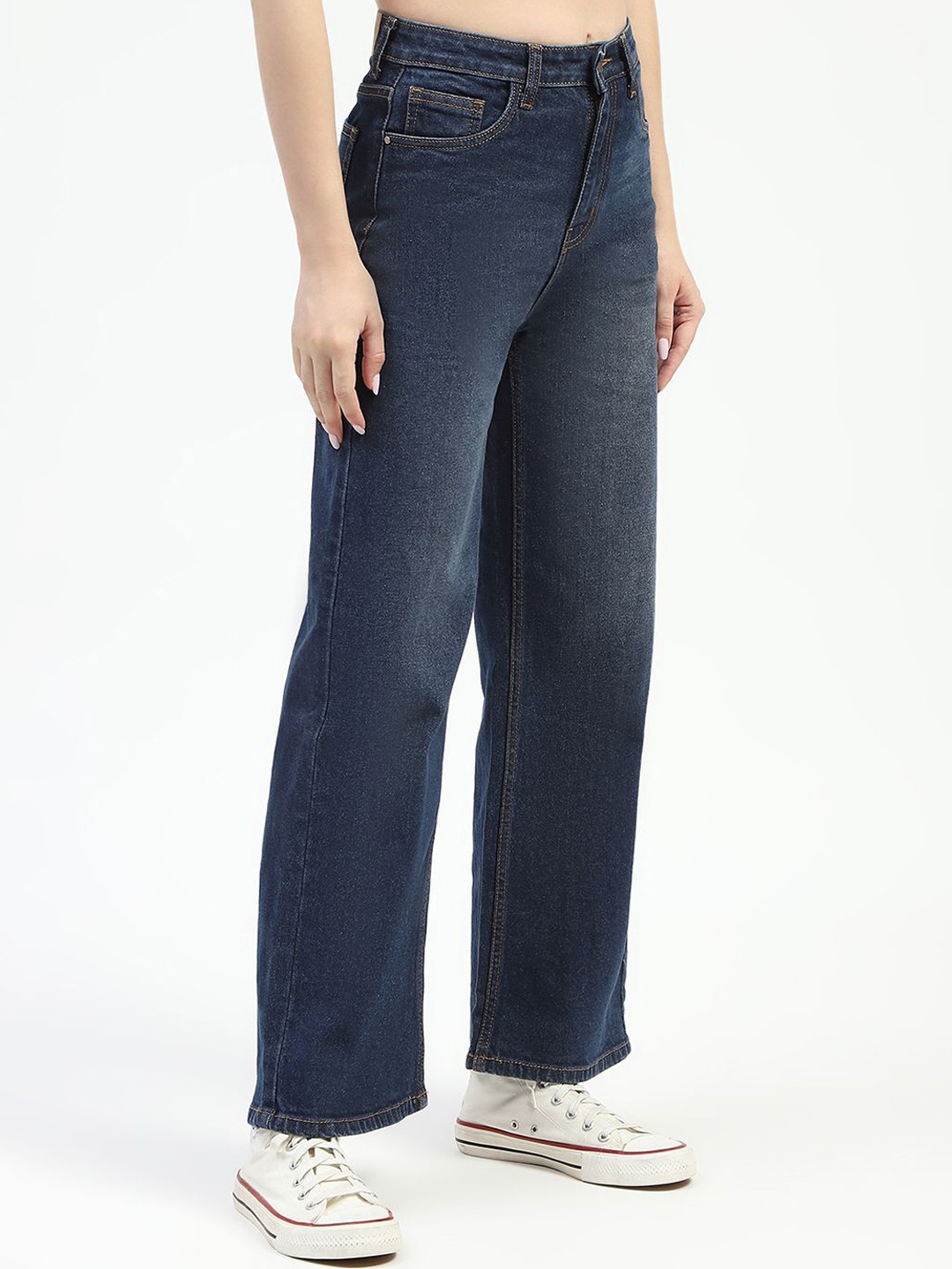 

Madame Women Mid-Rise Wide Leg Light Fade Jeans, Navy blue