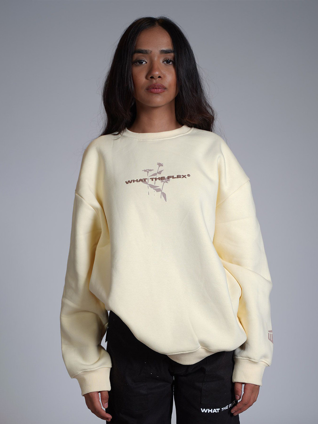 

WHAT THE FLEX Unisex Cotton Round Neck Sweatshirt, Cream