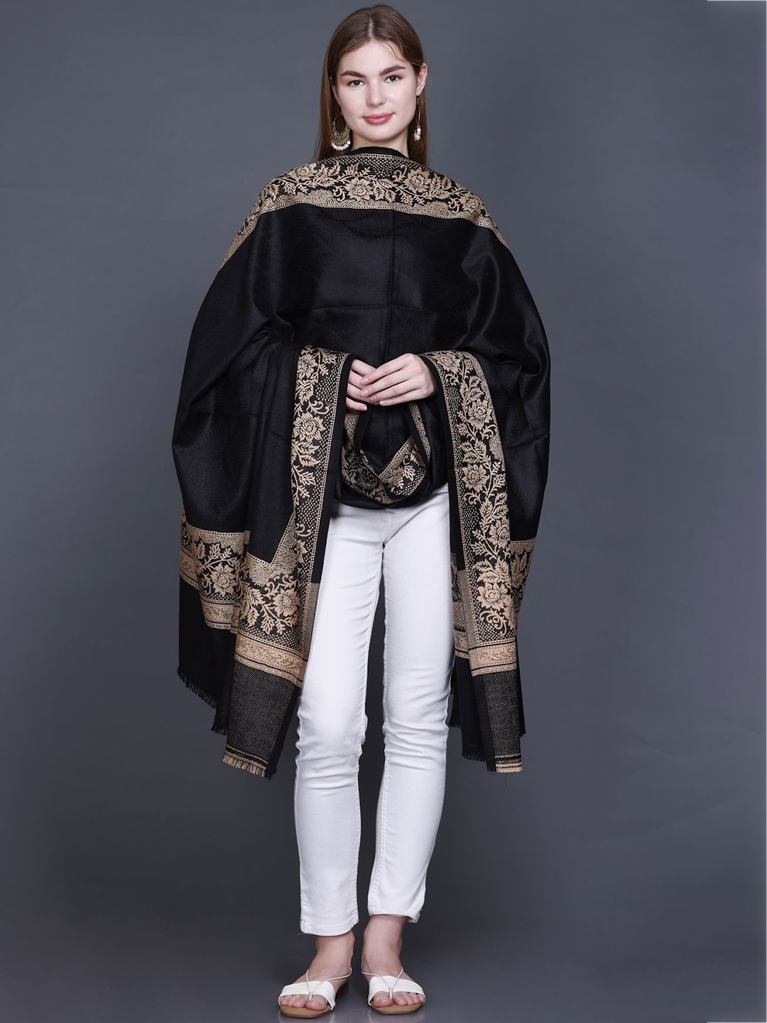 

GODFREY Floral Woven Design Woolen Shawl, Black