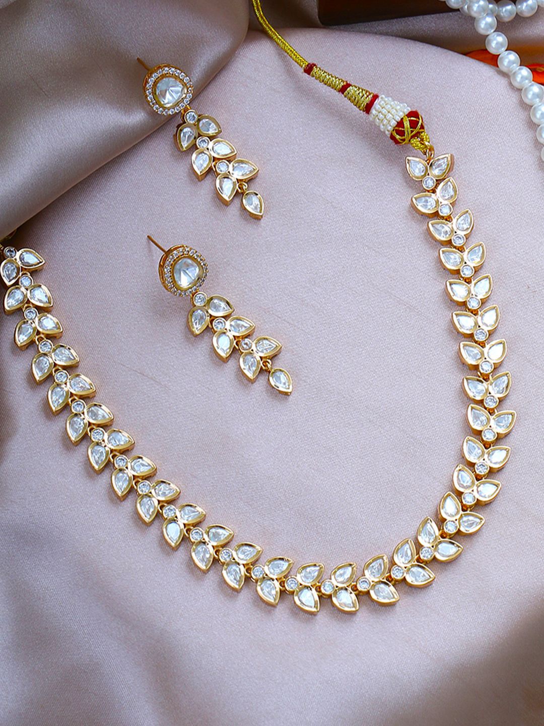 

Adwitiya Collection Gold-Plated Kundan Studded Leaf Design Jewellery Set