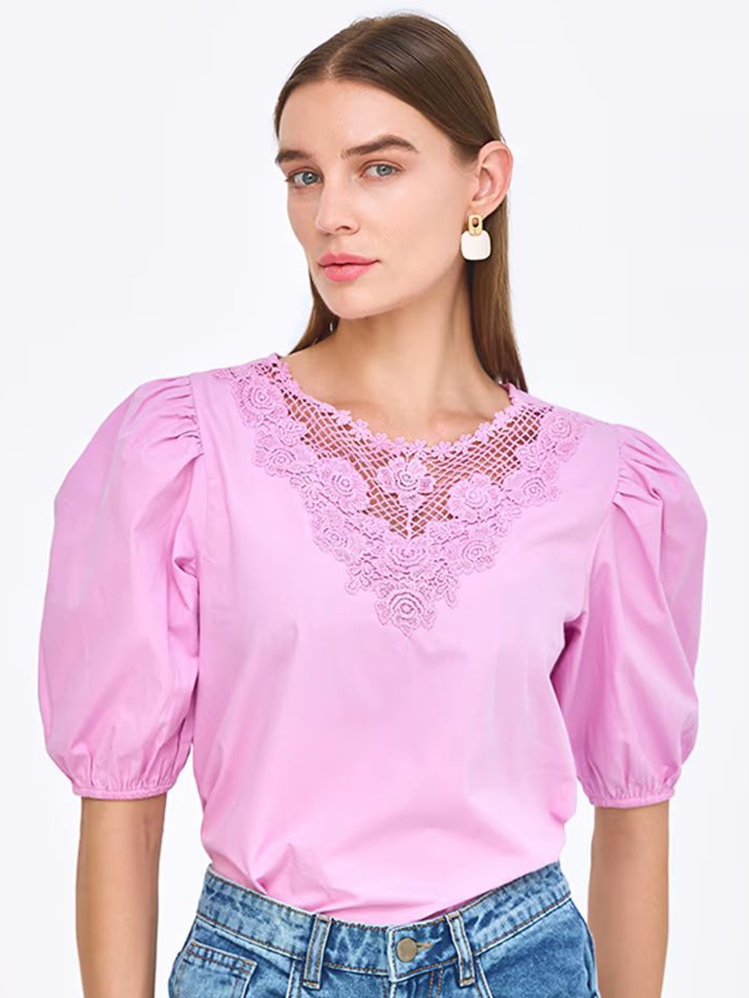 

COVER STORY Puff Sleeve Cotton Top, Pink