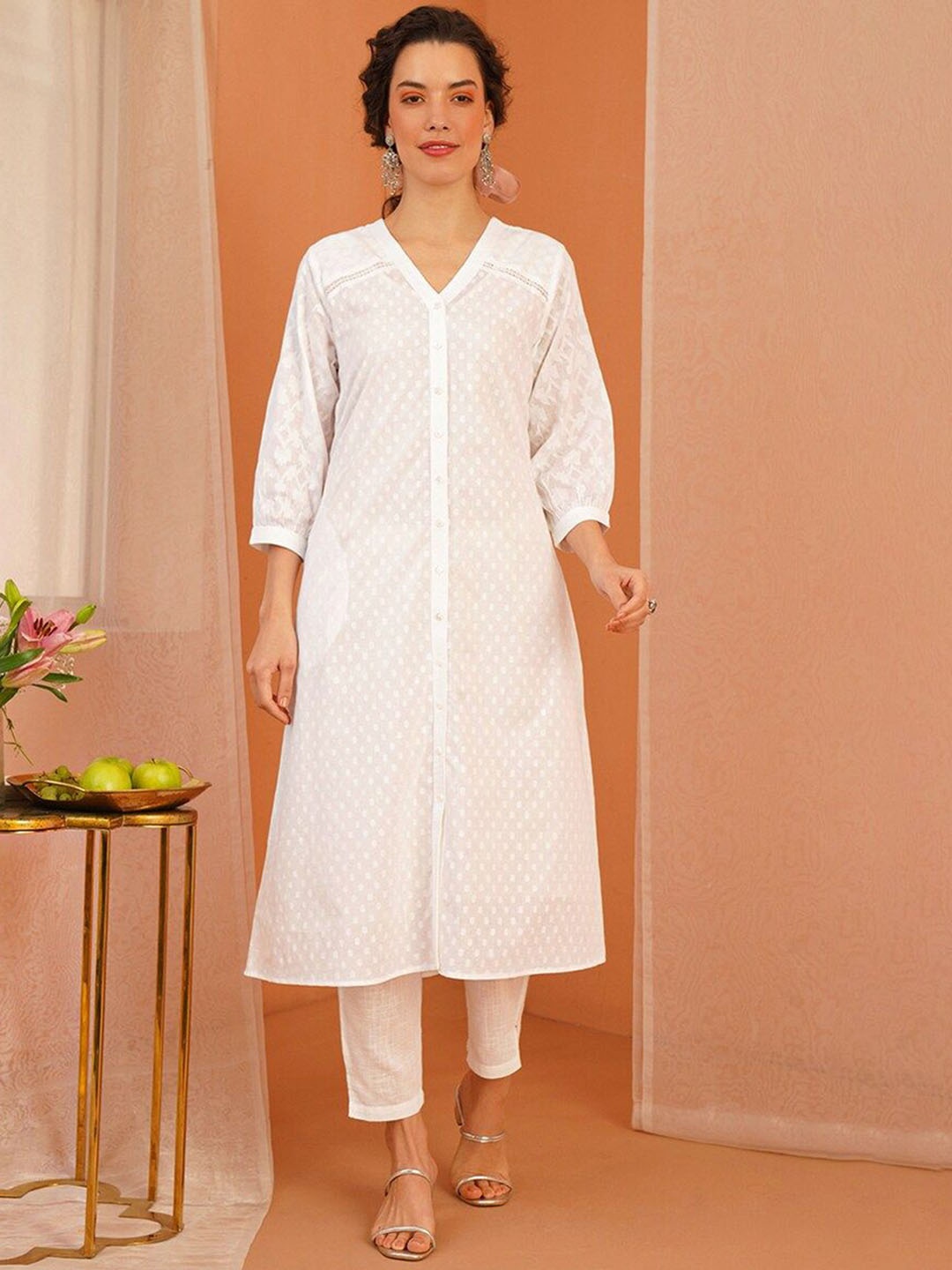 

JAYPORE Geometric Woven Design Mirror Work Pure Cotton A-Line Kurta, White