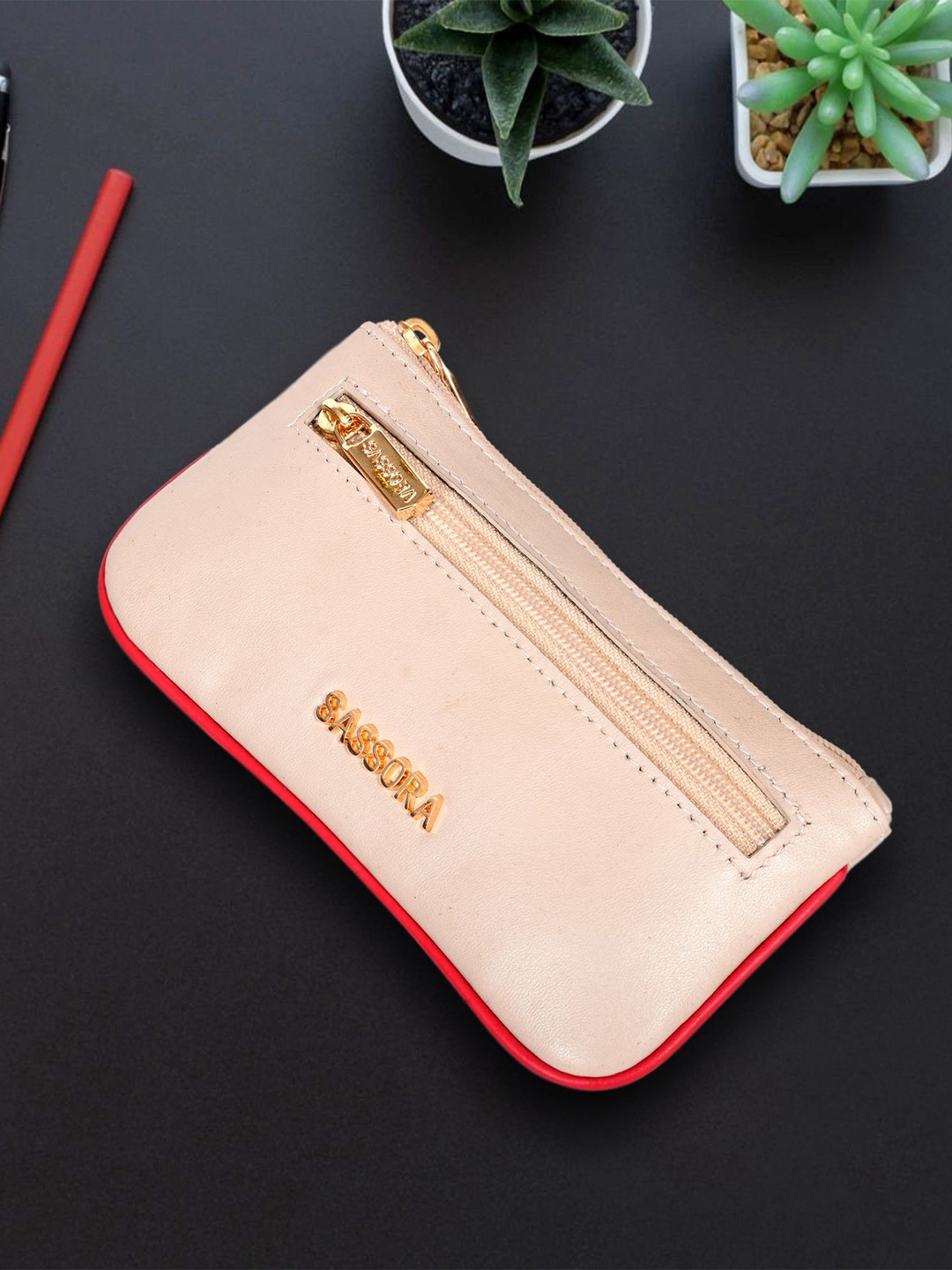 

Sassora Beige & Coral Genuine Leather Key Pouch