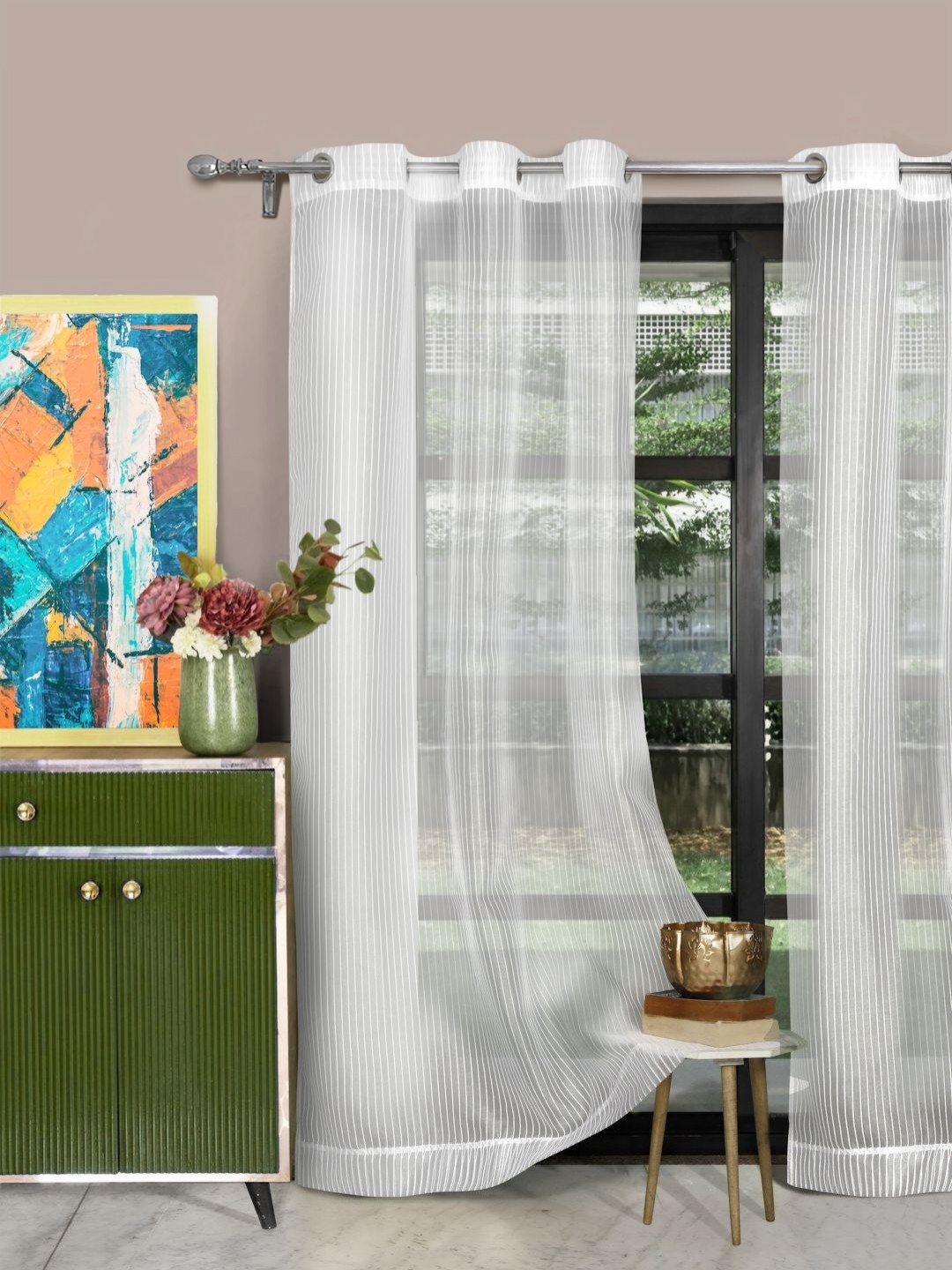

ROSARA HOME White 2 Pieces Striped Sheer Long Door Curtains