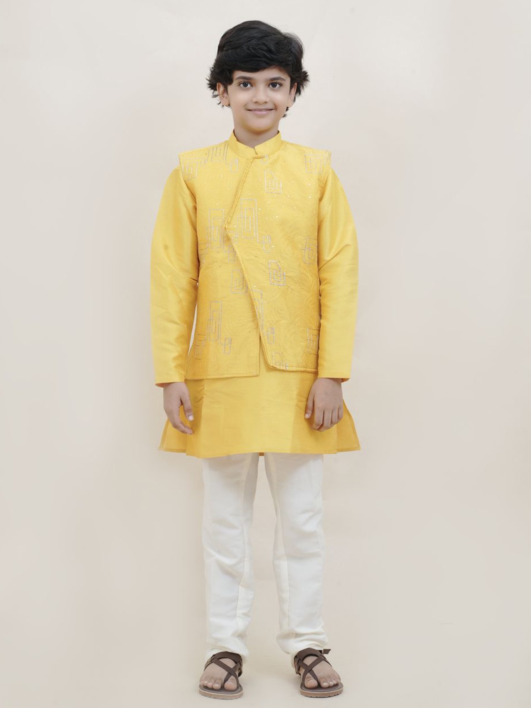 

Sangria Boys Mandarin Collar Kurta & Trousers With Embroidered Jacket, Yellow