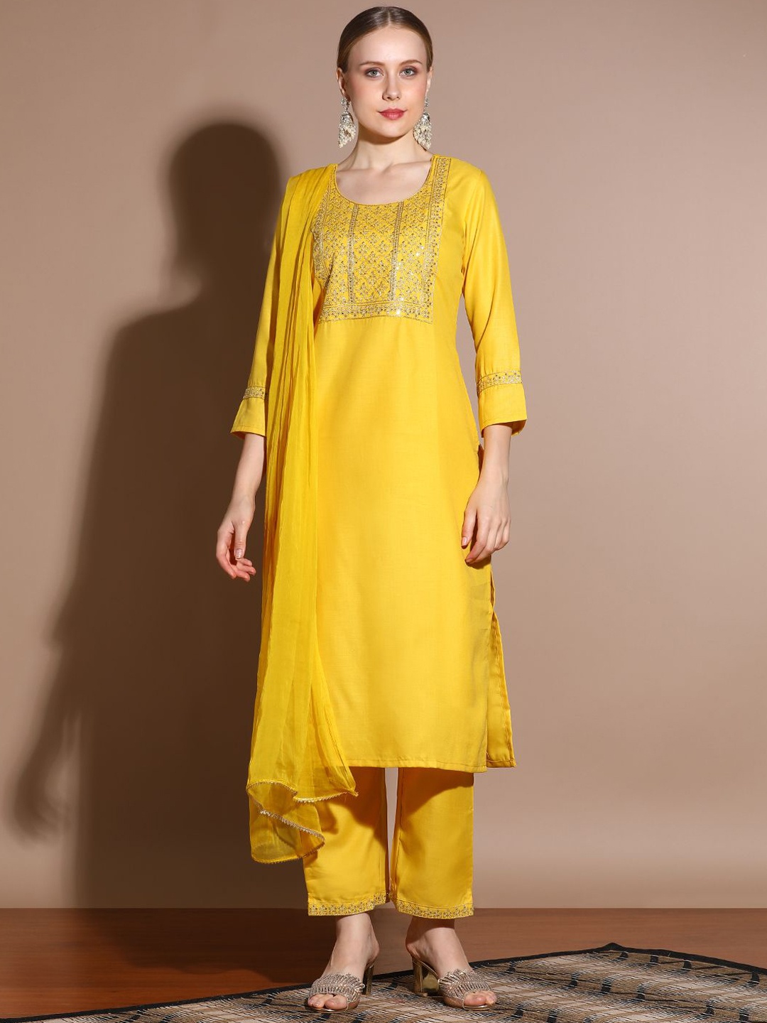 

Jaipur Kurti Embroidered Cotton Blend Kurta Set with Dupatta, Yellow