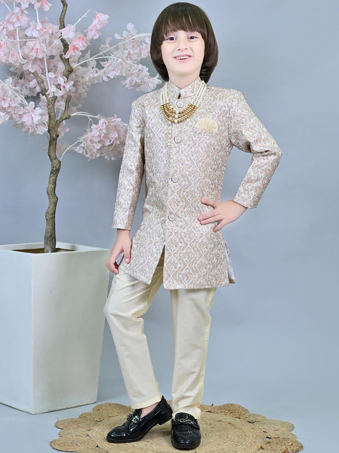 

ahhaaaa Boys Ethnic Printed Indo-Western Sherwani Set, Beige