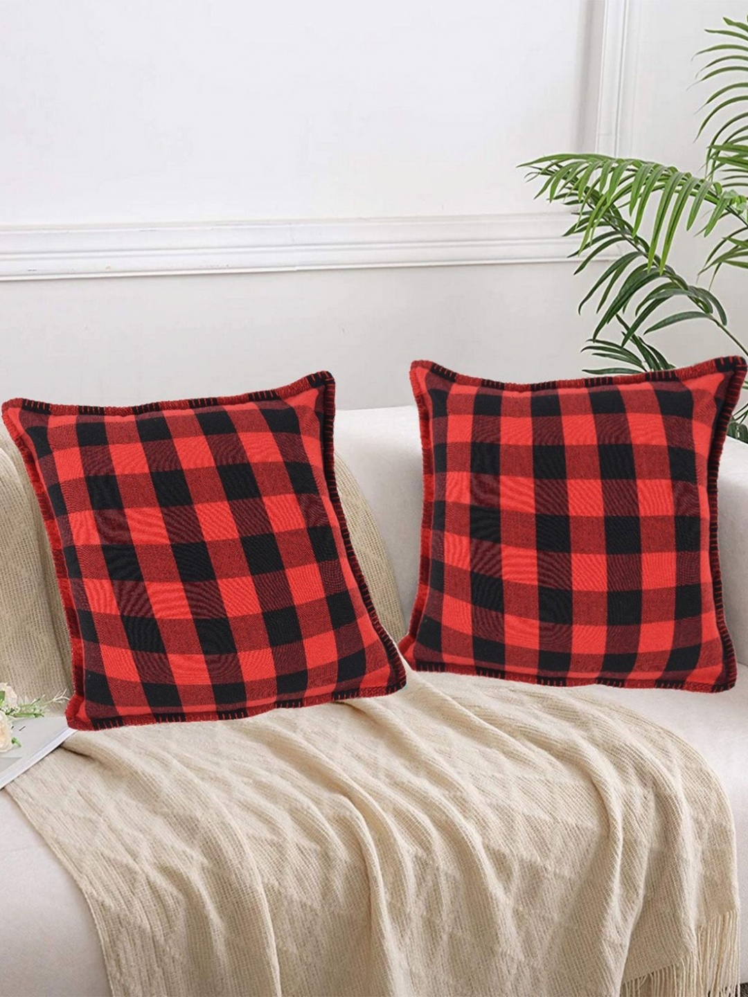 

Lushomes Red & Black 2 Pieces Checked Cotton Square Cushion Covers