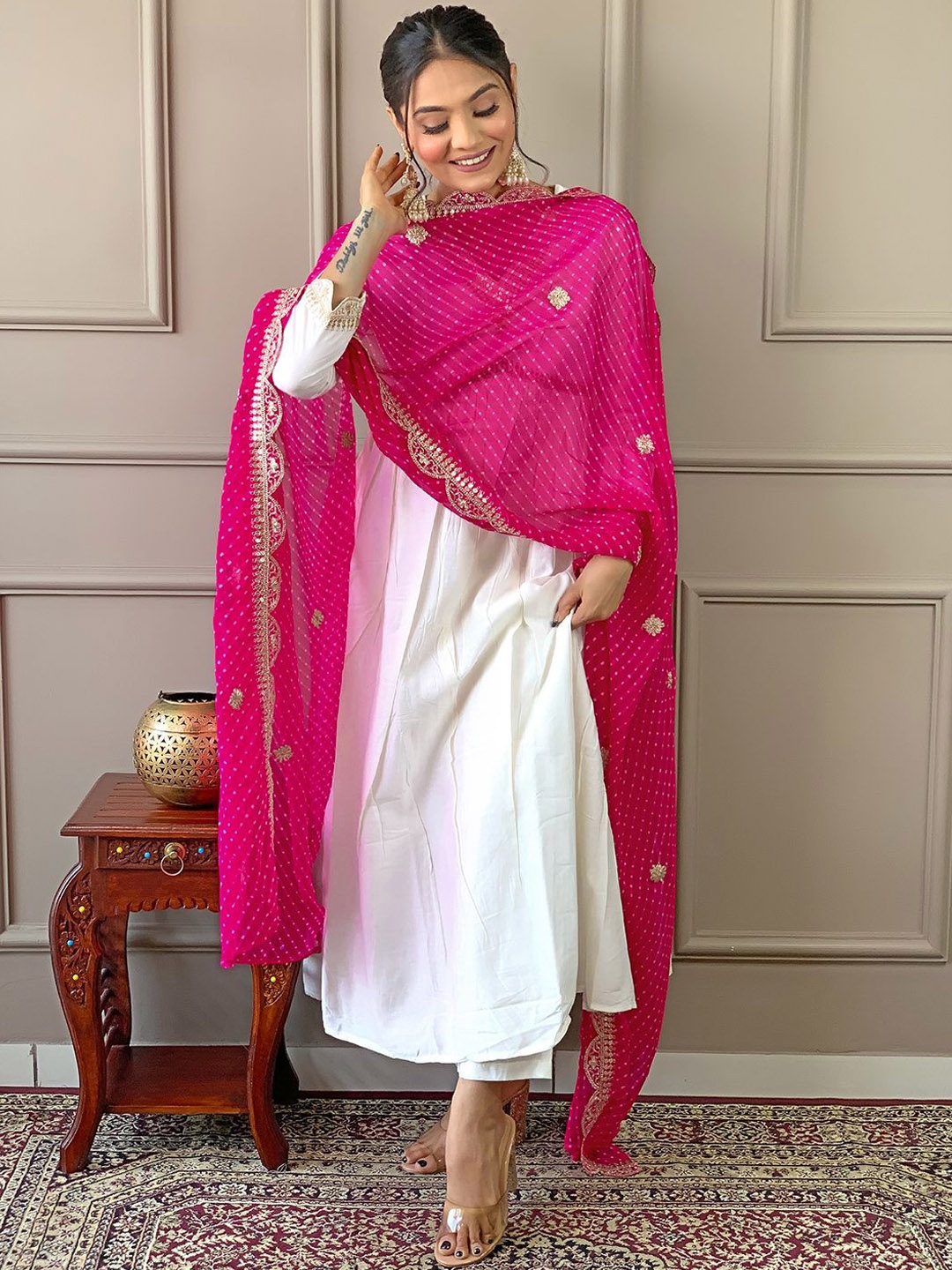 

KALINI Floral Yoke Design Empire Sequinned Chanderi Silk Kurta with Trousers & Dupatta, White