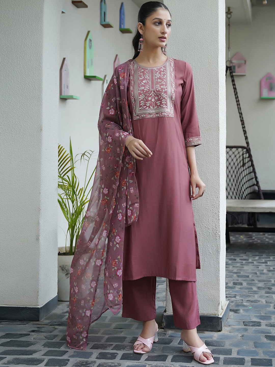 

KALINI Floral Embroidered Sequinned Straight Kurta with Trousers & Dupatta, Pink