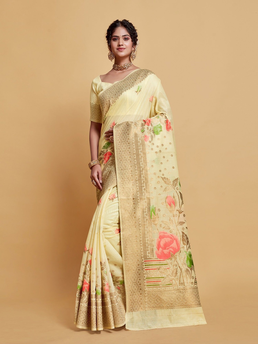 

MAHALASA Ethnic Motifs Zari Pure Cotton Banarasi Saree, White