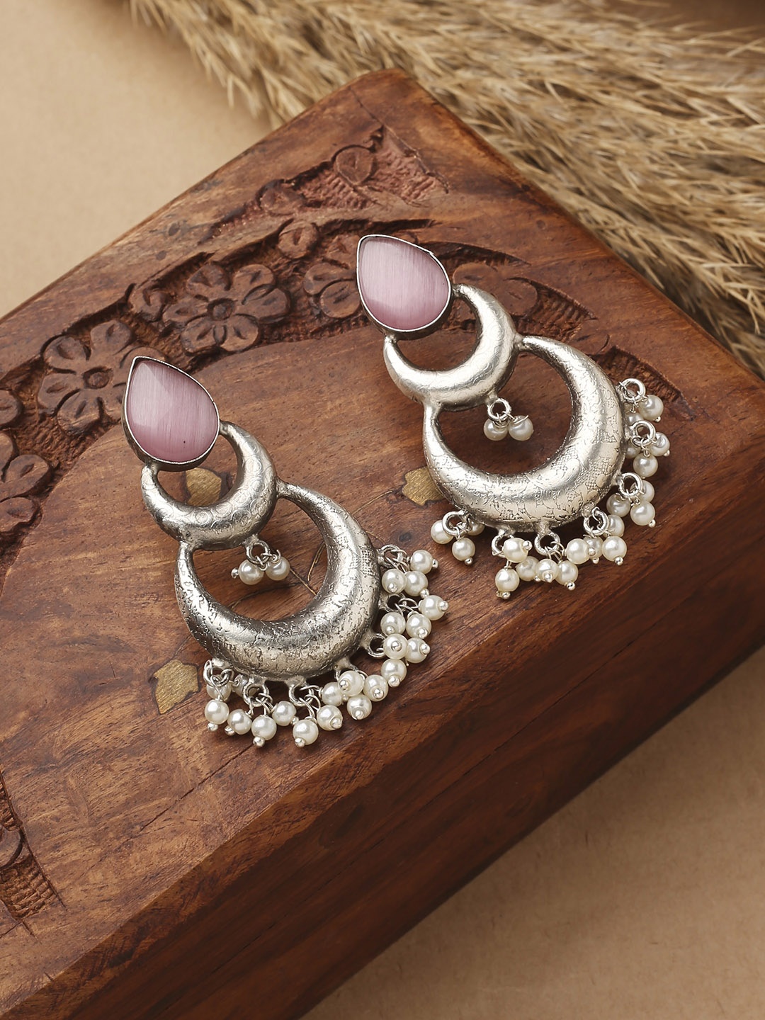 

Mirraw Silver-Plated Stones Studded & Beaded Crescent Shaped Chandbalis