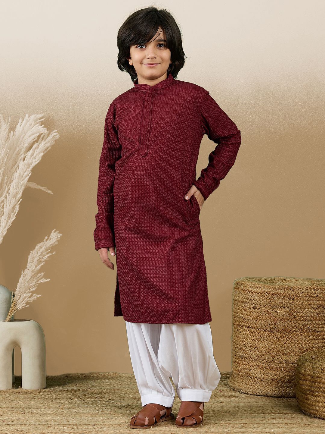 

Here&Now X Sanwara Boys Dapper & Dazzling Embroidered Chikankari Cotton Kurta with Patiala, Maroon