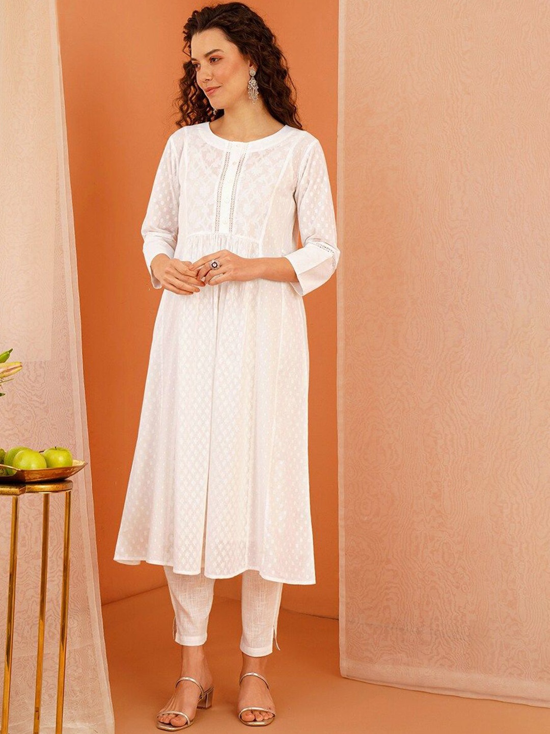 

JAYPORE Ethnic Motifs Embroidered Round Neck Pure Cotton Regular Anarkali Kurta, White