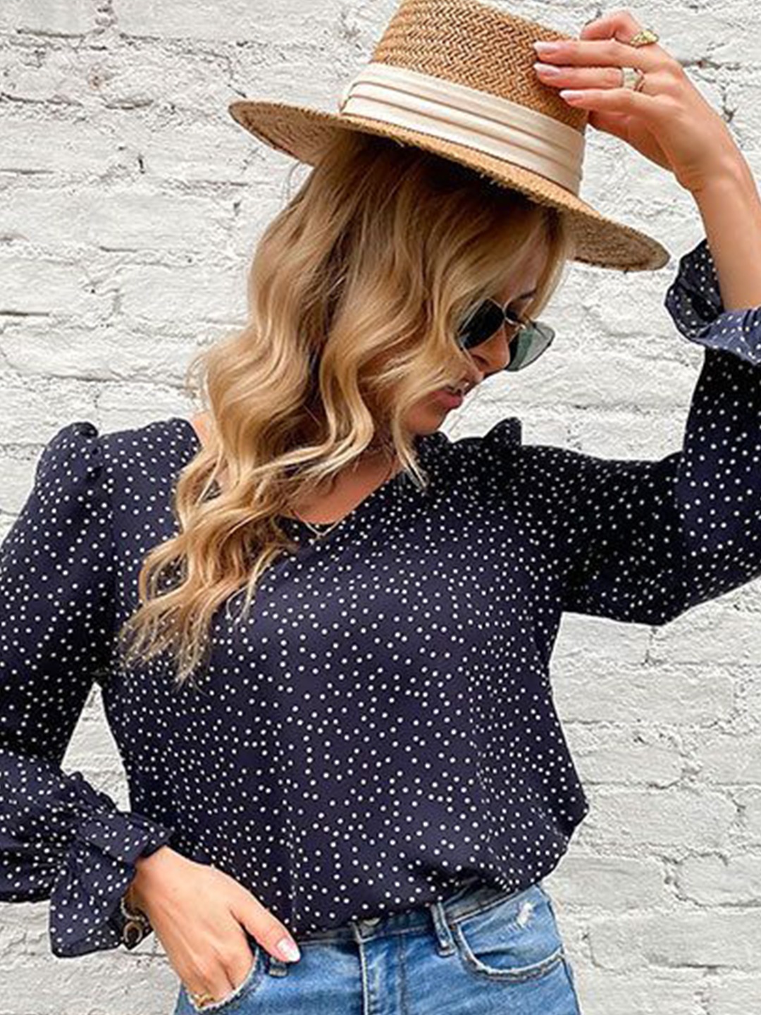 

HERE&NOW Women Polka Dots Printed Scoop Neck Casual Top, Navy blue